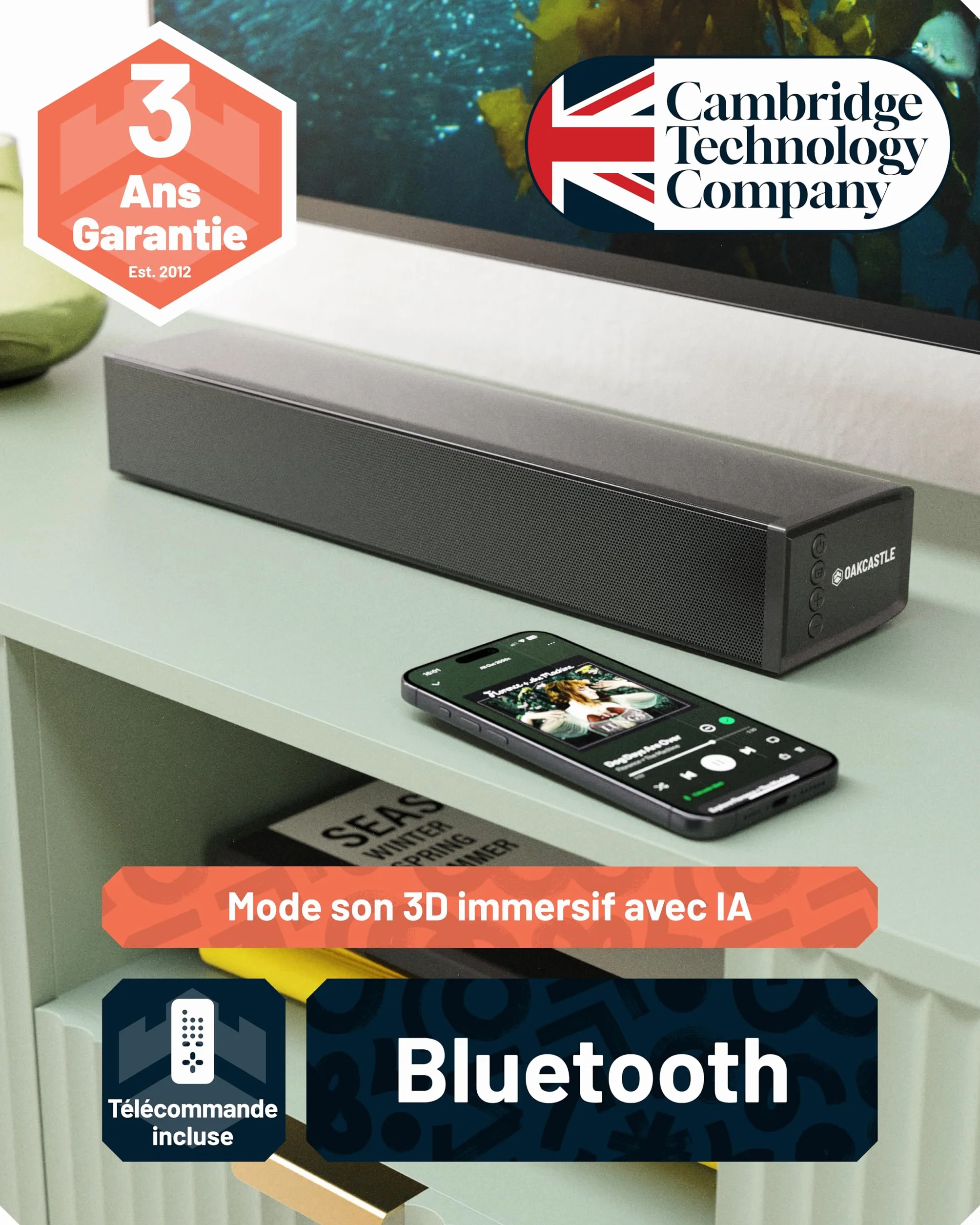 Oakcastle SB40 Barre de Son TV 60W 2.0 Stéréo HDMI Arc AUX Optique 40cm