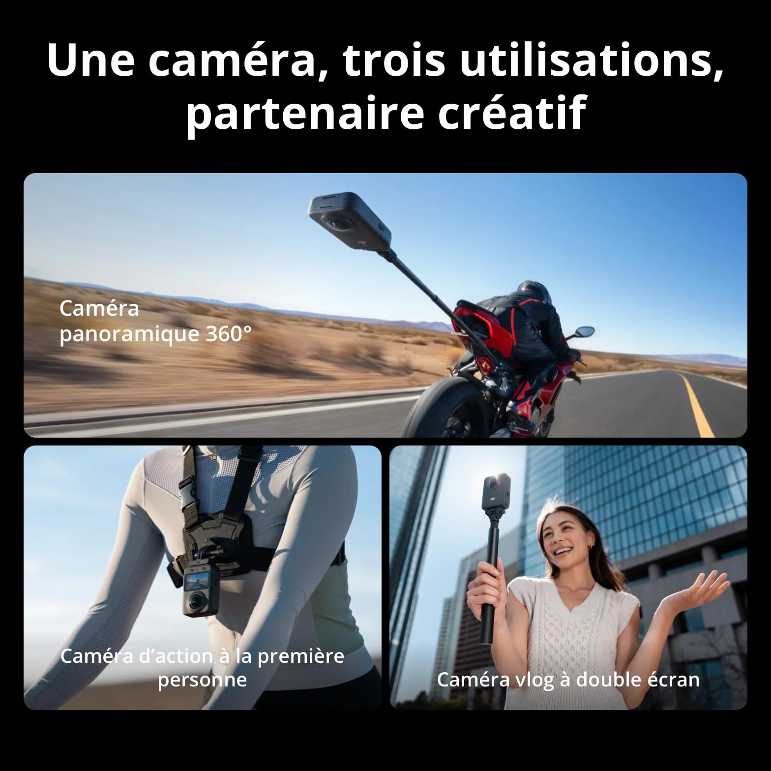 DJI Osmo 360 Bundle Essentiel, Caméra 360° 1 Pouce 8K Native, Perche Selfie Invisible 1,2m, 2 Batteries