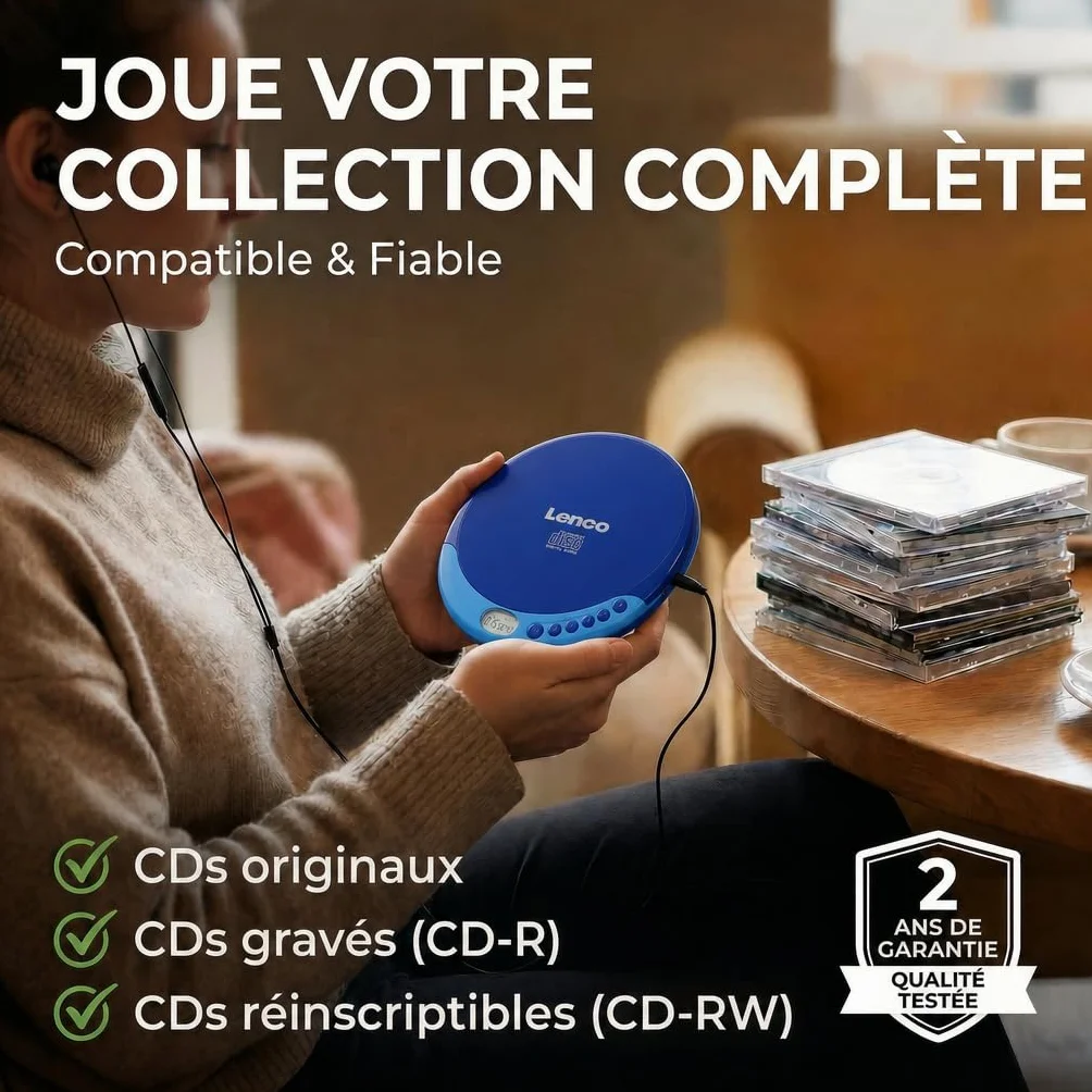 Lenco CD-011 Lecteur CD portable avec recharge batterie - Diskman CD Walkman - Écran LCD Bleu
