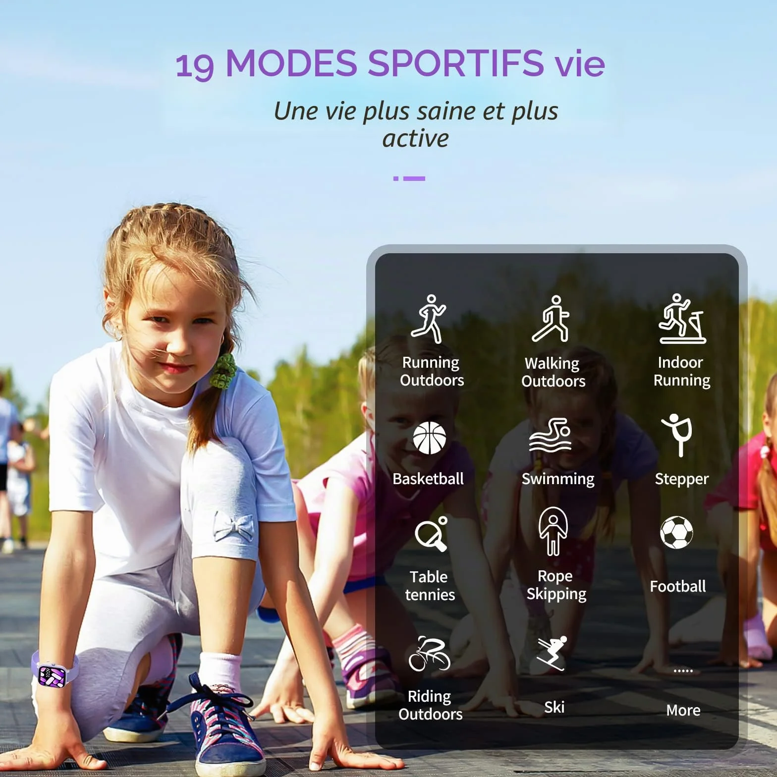 Montre Fitness Enfant IP68 19 Modes Sport Podomètre Moniteur Sommeil Cadeau Filles 6-16 Ans Mauve