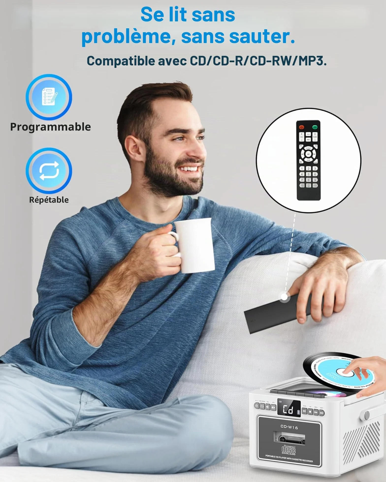Greadio Lecteur CD Portable Bluetooth Radio FM AUX USB SD Card Batterie Rechargeable 5000mAh Haut-Parleurs 5W écran LED Blanc