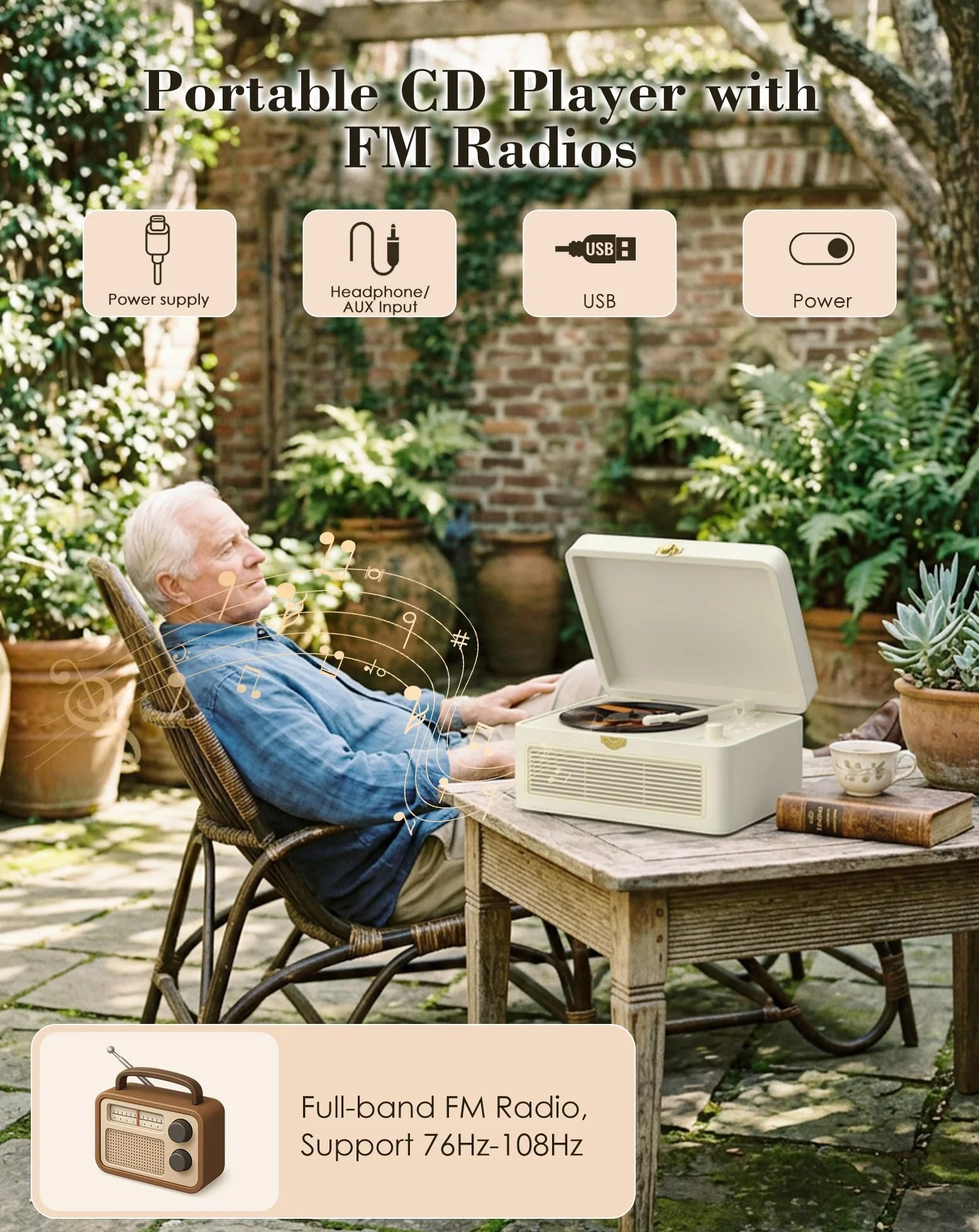 Lecteur CD Portable Bluetooth Radio Rétro avec Télécommande, Housse Antipoussière Cuir PU, Blanc
