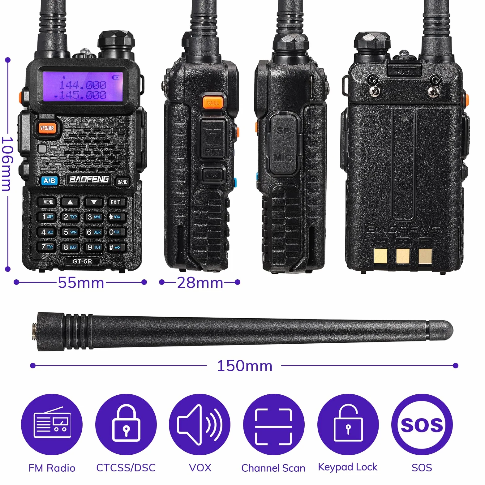 BAOFENG GT-5R Talkie Walkie Radio Double Bande 144-146/430-440 MHz 128 Canaux Batterie 1800 mAh 2PCS