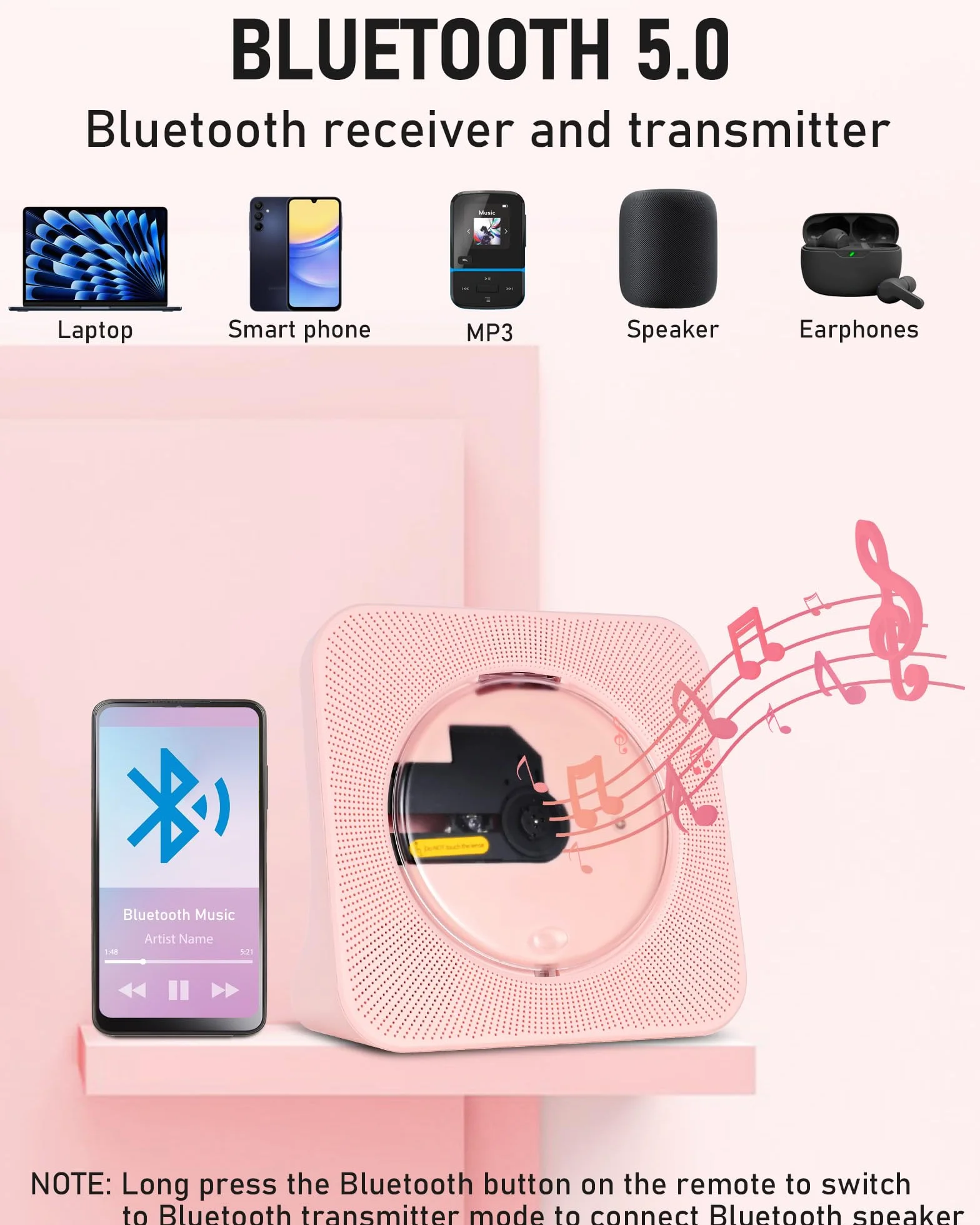 Lecteur CD Bluetooth Portable HiFi avec Télécommande Rose