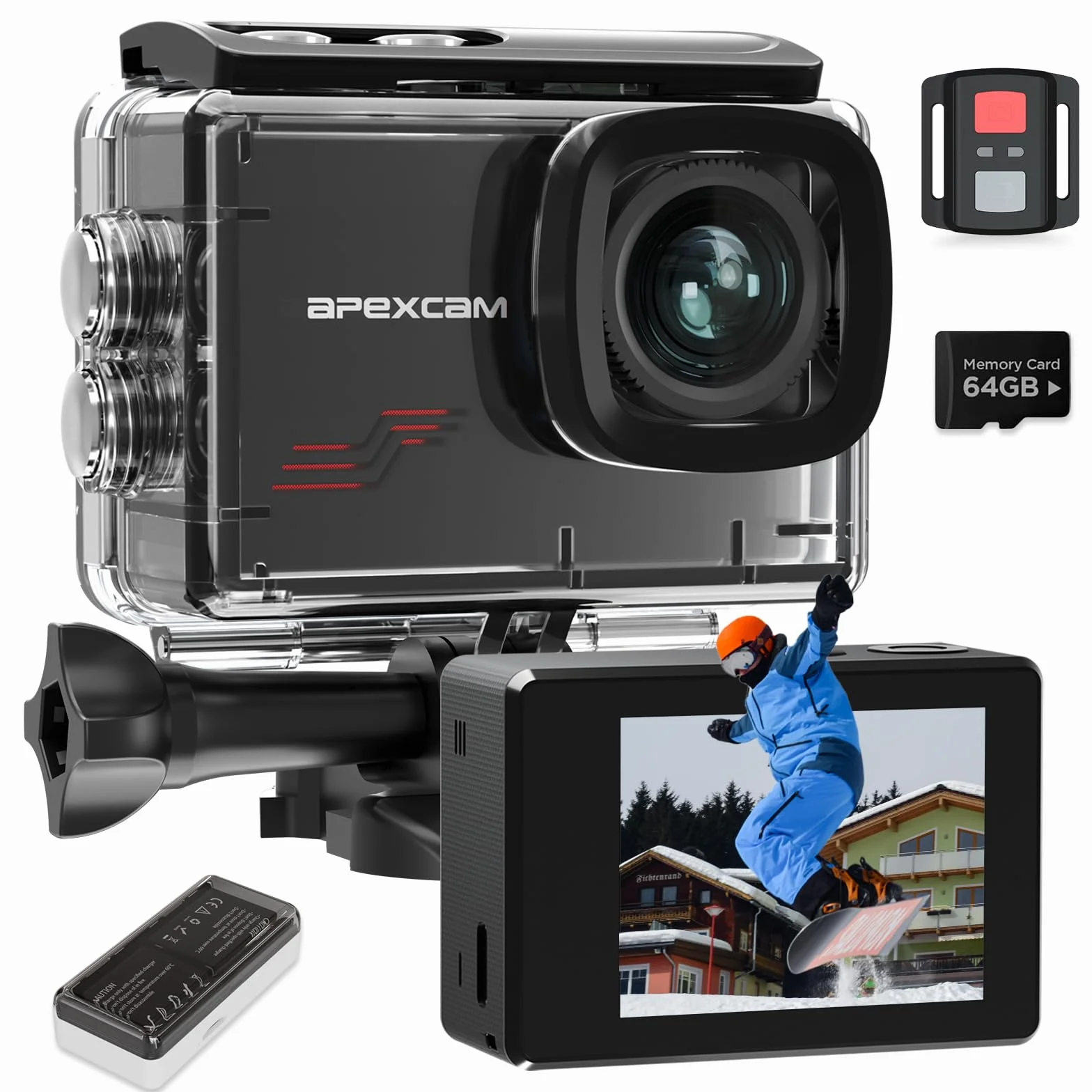 Apexcam Caméra Sport 4K 60FPS 64MP Étanche 40M Action Cam WiFi avec Micro SD 64GB Écran Tactile Stabilisateur EIS M80