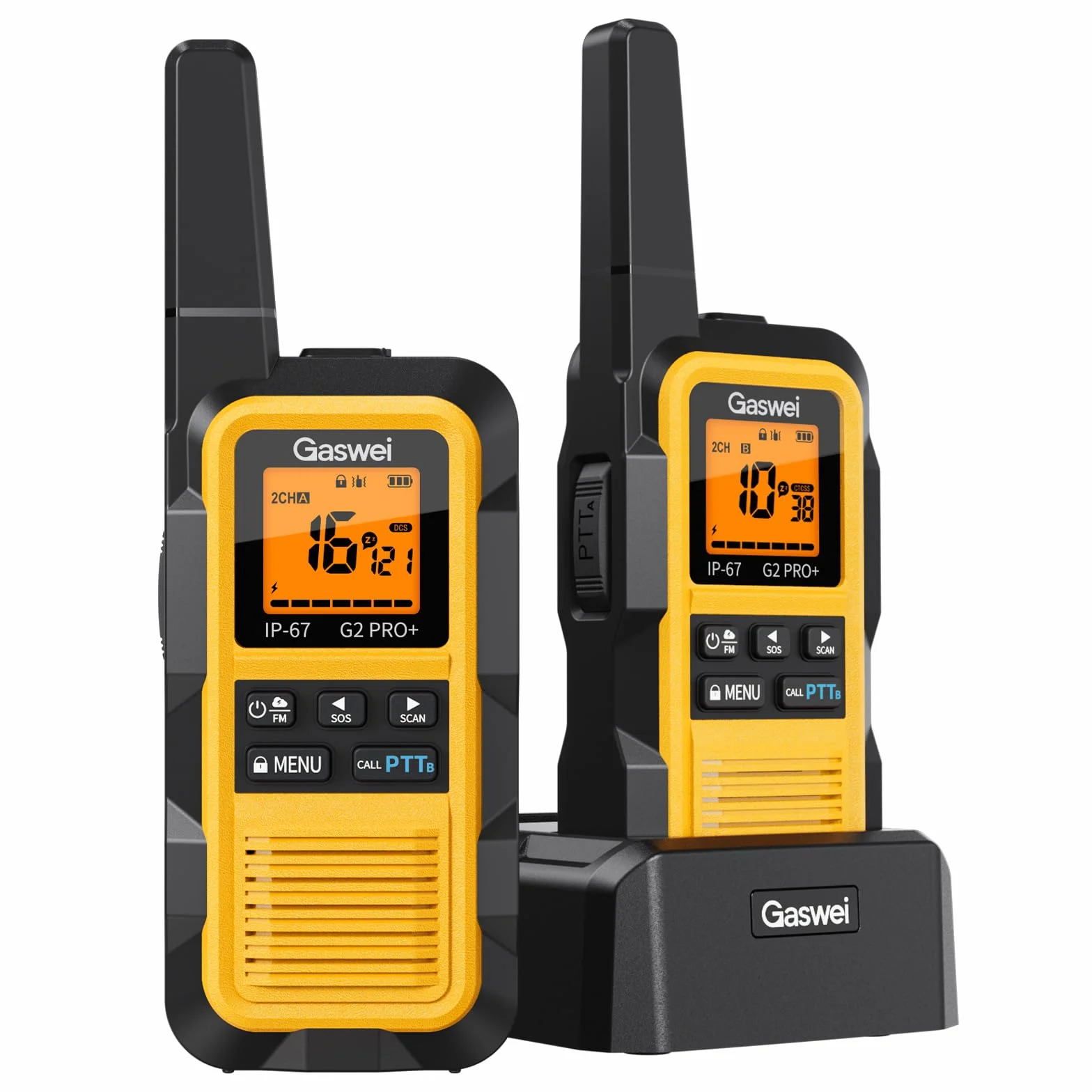 GASWEI G2Pro Talkie walkie Professionnel IP67 PMR446 Longue portée Double PTT VOX SOS Alerte Radio FM USB Chargeur 1800 mAh Lot de 2 Gelb