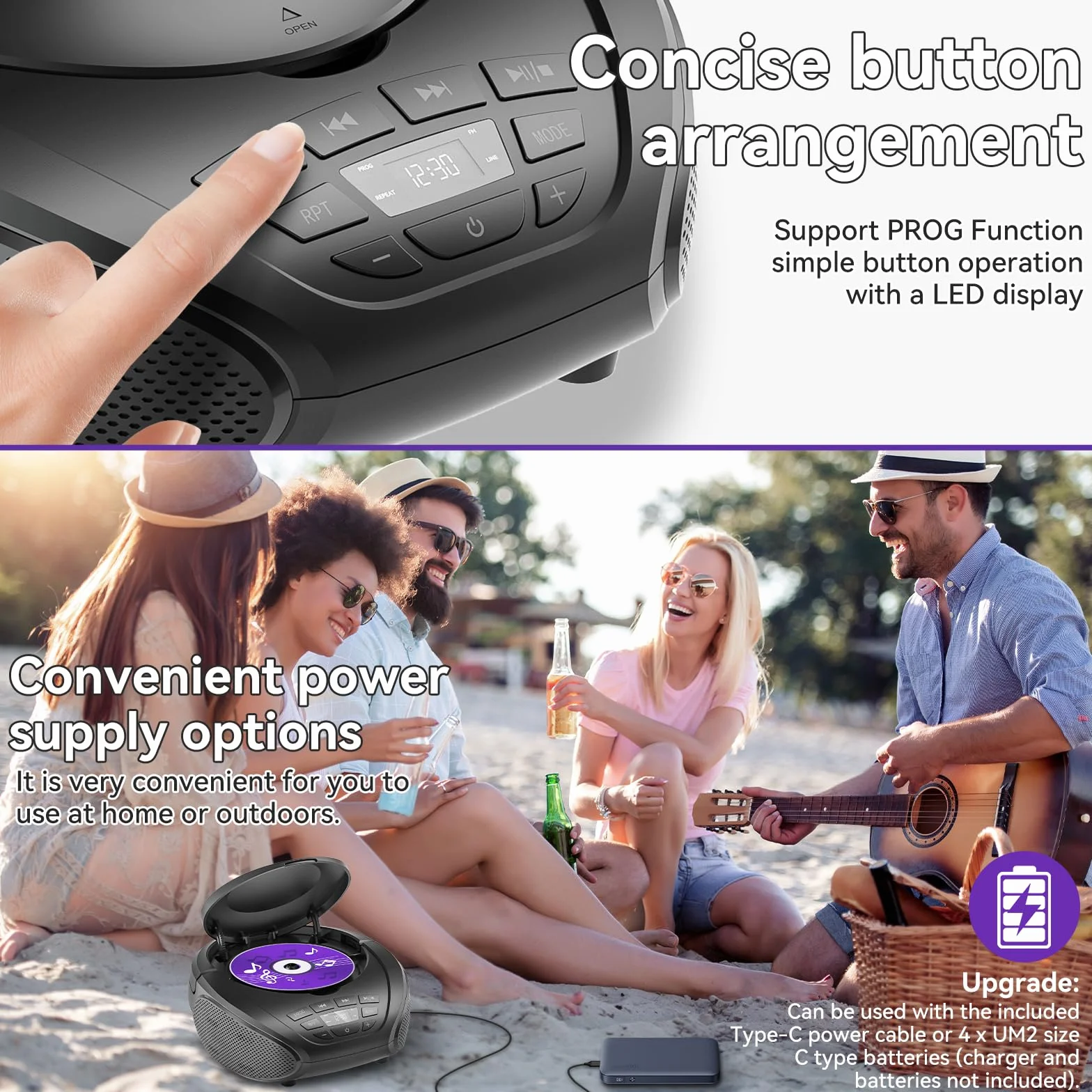 Gueray Lecteur CD Portable Boombox Radio FM Haut-parleurs Entrée AUX Prise Casque Lecture Prog