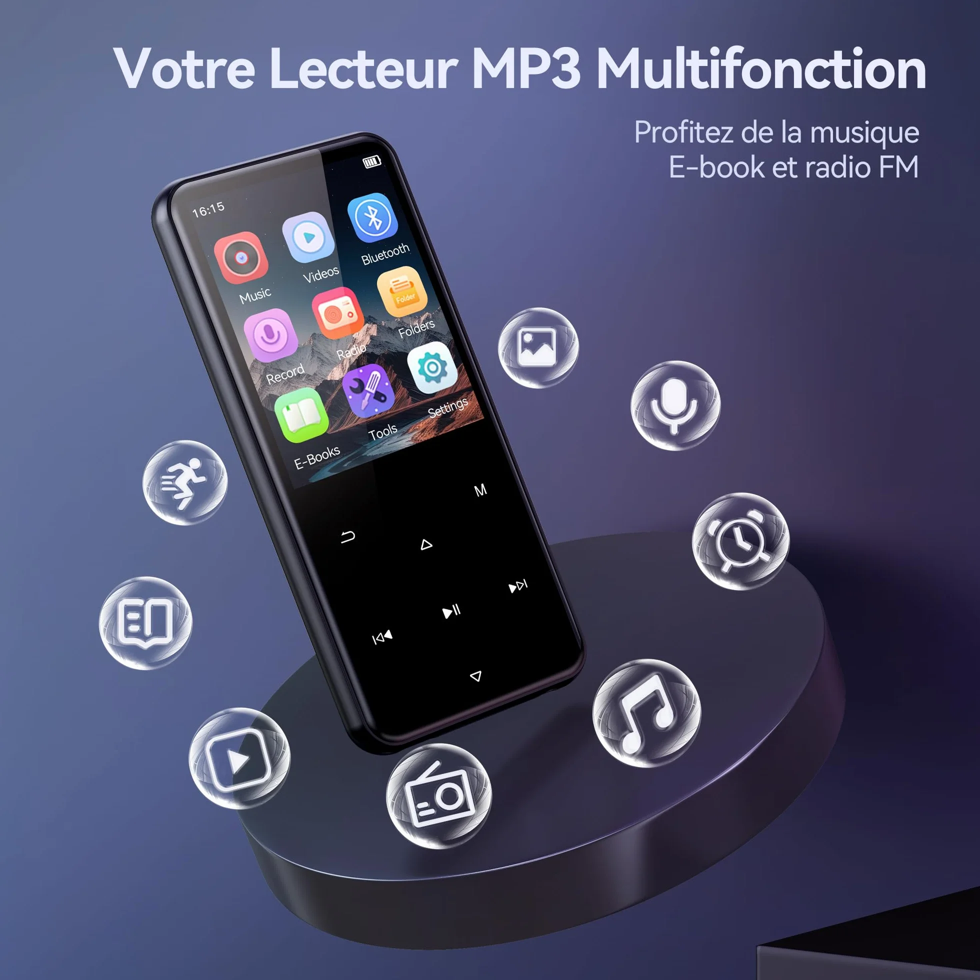 AGPTEK MP3 Bluetooth 64Go 2.4" Écran Métal Lecteur MP4 Baladeur Sport Radio FM Enregistreur Noir