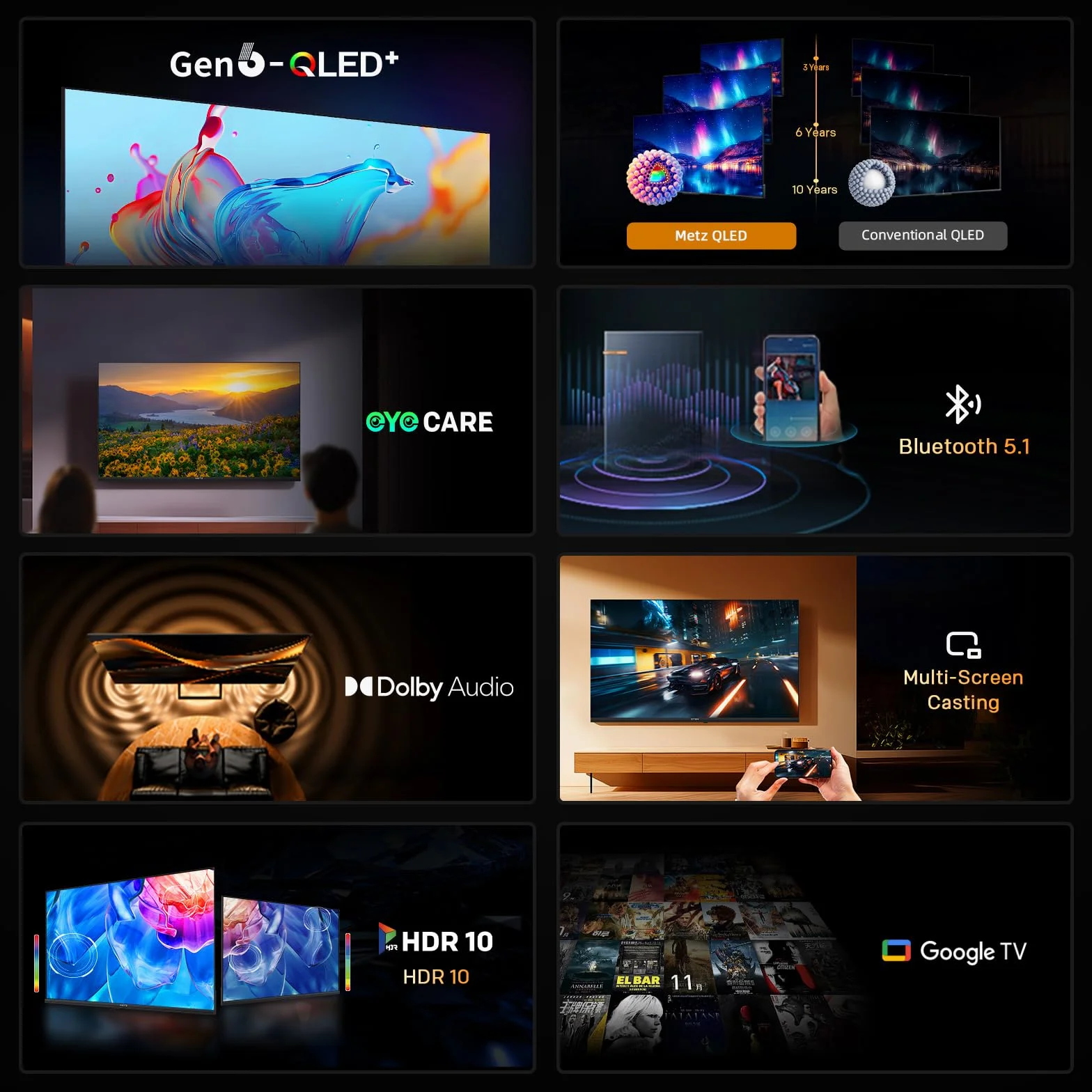 Metz 32 Pouces Smart TV Google LED QLED+ HDR10 Dolby Audio Bluetooth 5.1 DVB-T/T2/C/S/S2 CI+ 1.5GB RAM 32MQH7000Z