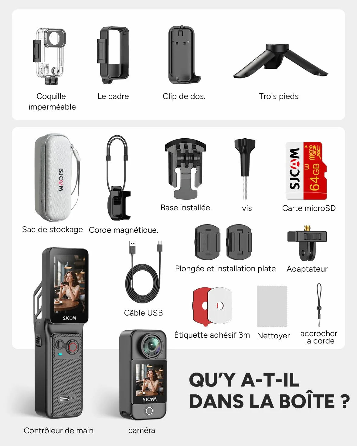 SJCAM C400 Bundle Vlog 64G Caméra d'Action 4K Écran Tactile Rotatif 2.29" Imperméable Stabilisation 6 Axes Noir
