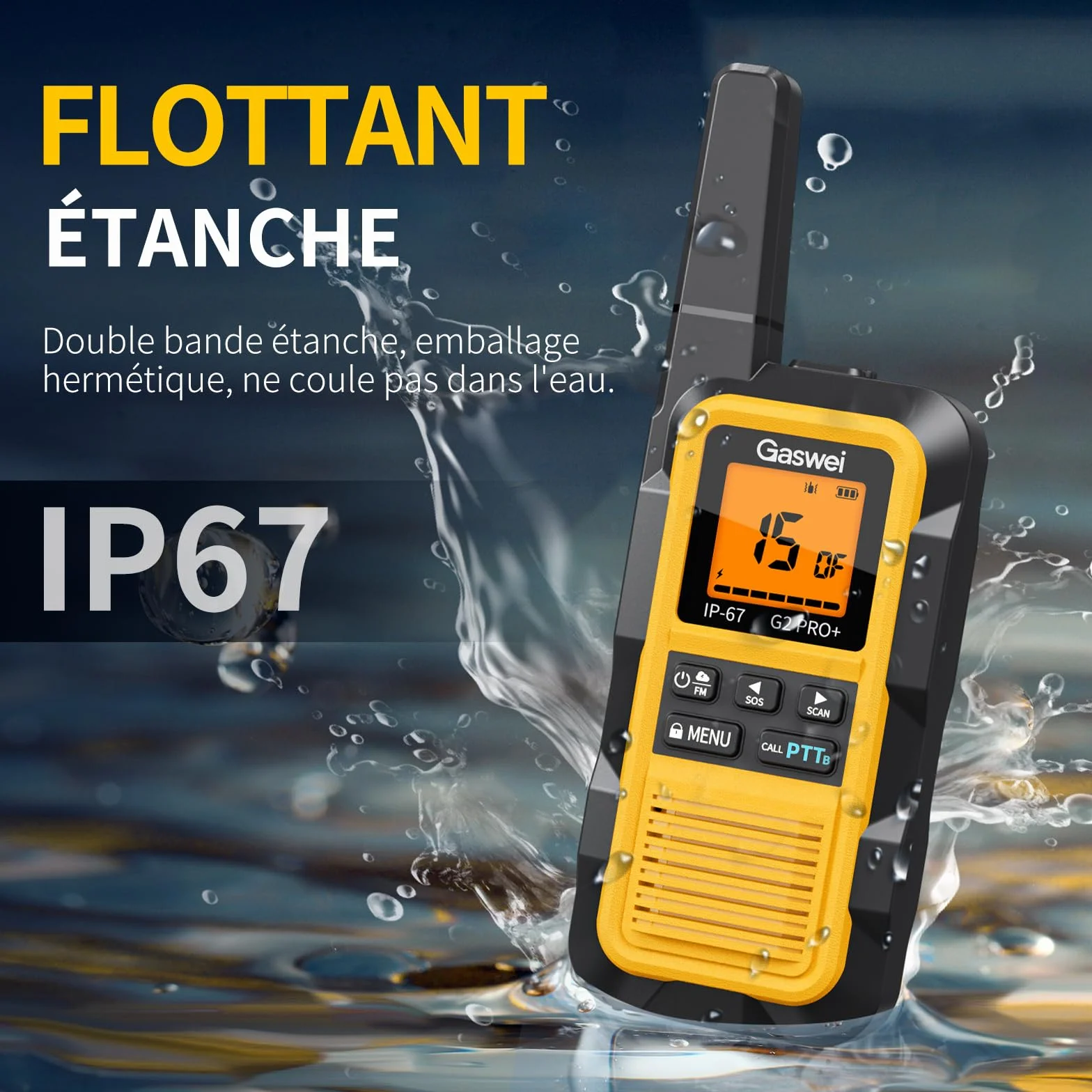 GASWEI G2Pro Talkie walkie Professionnel IP67 PMR446 Longue portée Double PTT VOX SOS Alerte Radio FM USB Chargeur 1800 mAh Lot de 2 Gelb