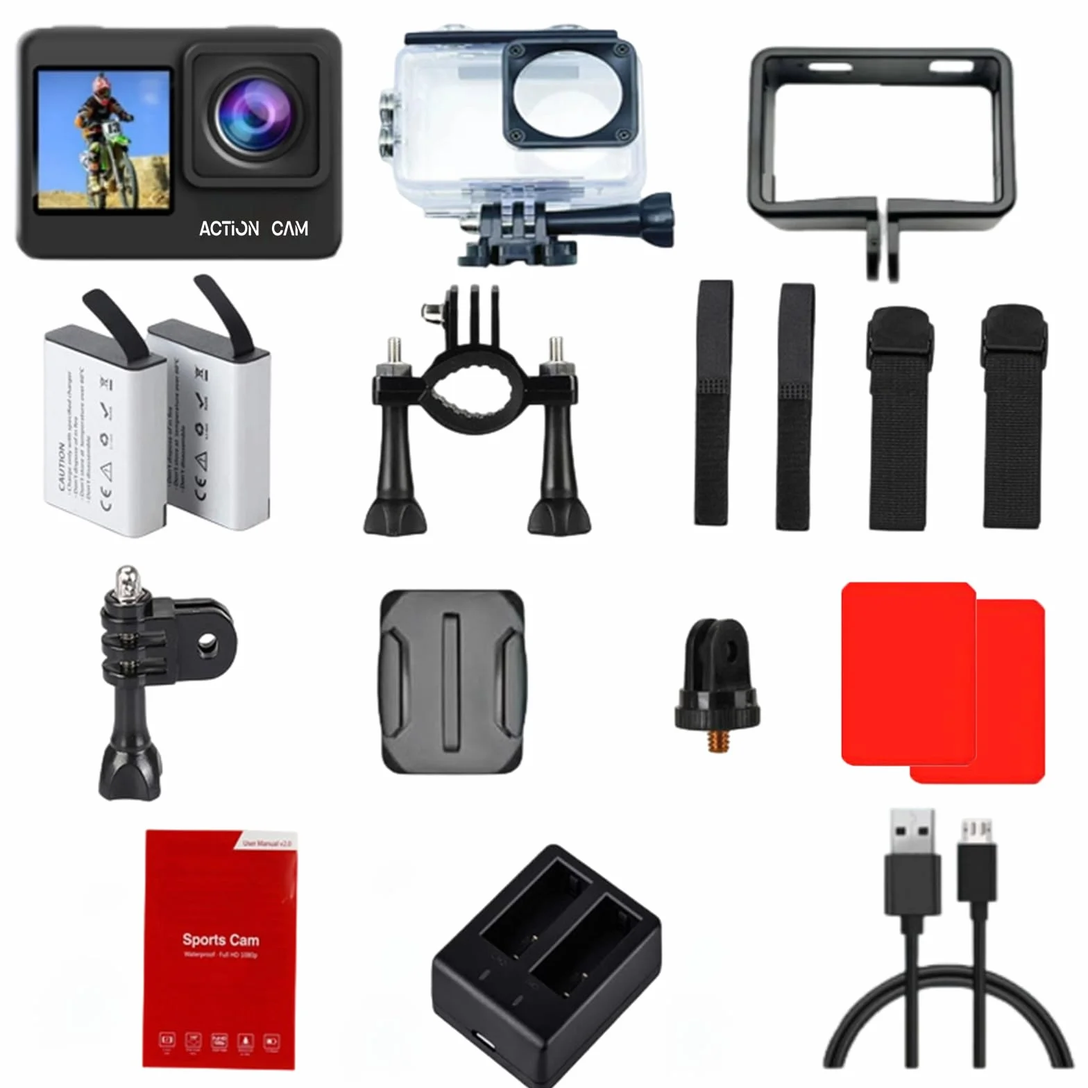 Caméra Sport 1080P FHD Waterproof Double Écran Étanche 40m 2 Batteries 1050 mAh Kit Accessoires