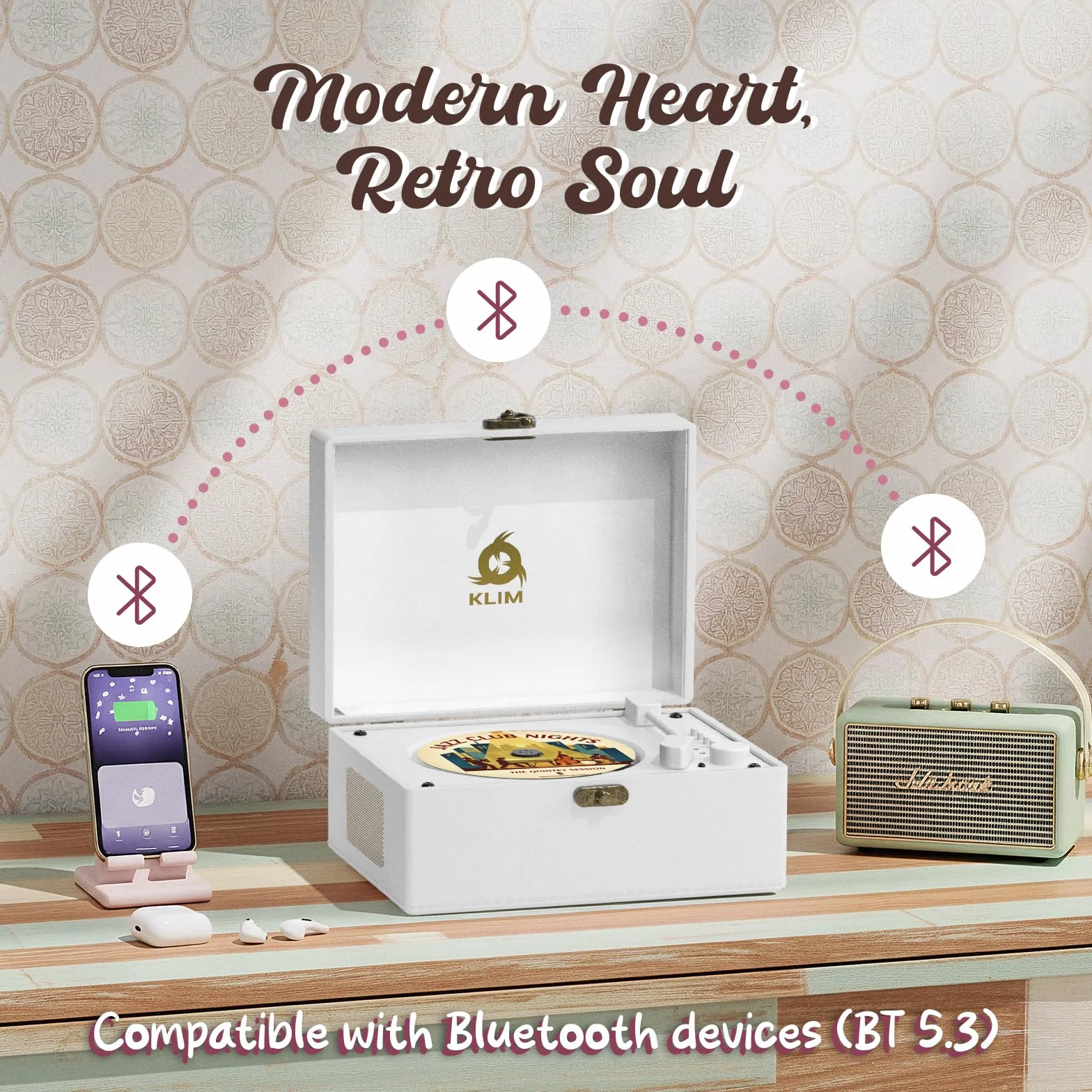 KLIM Retro CD Player Lecteur CD Vintage Bluetooth AUX USB Batterie Rechargeable Design Platine Vinyle Blanc