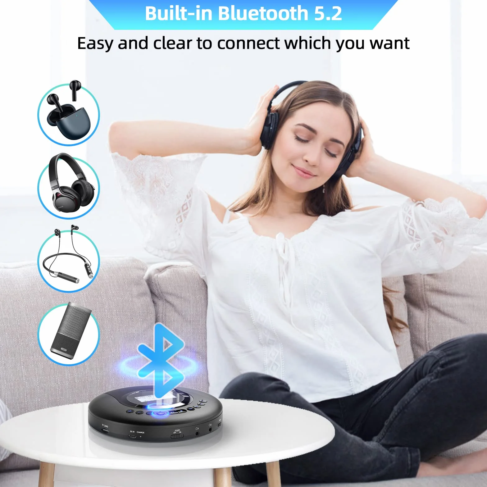 Lecteur CD Portable Bluetooth Rechargeable 2000 mAh avec écran LCD Protection Antichoc FM