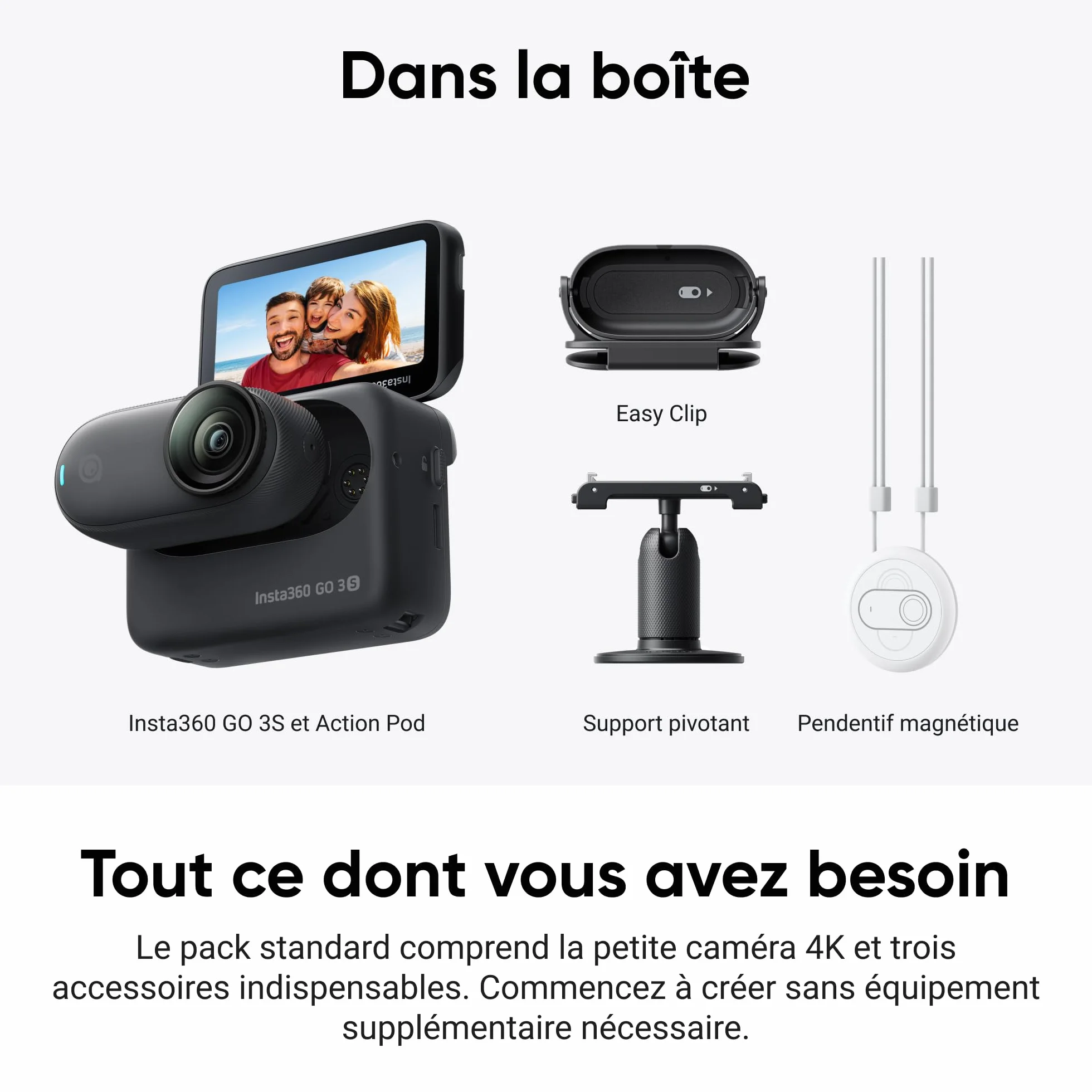 Insta360 GO 3S Noir Minuit 128GB Caméra de Vlog 4K POV Mains Libres Stabilisation 140 Min Autonomie Étanche 10m Édition IA