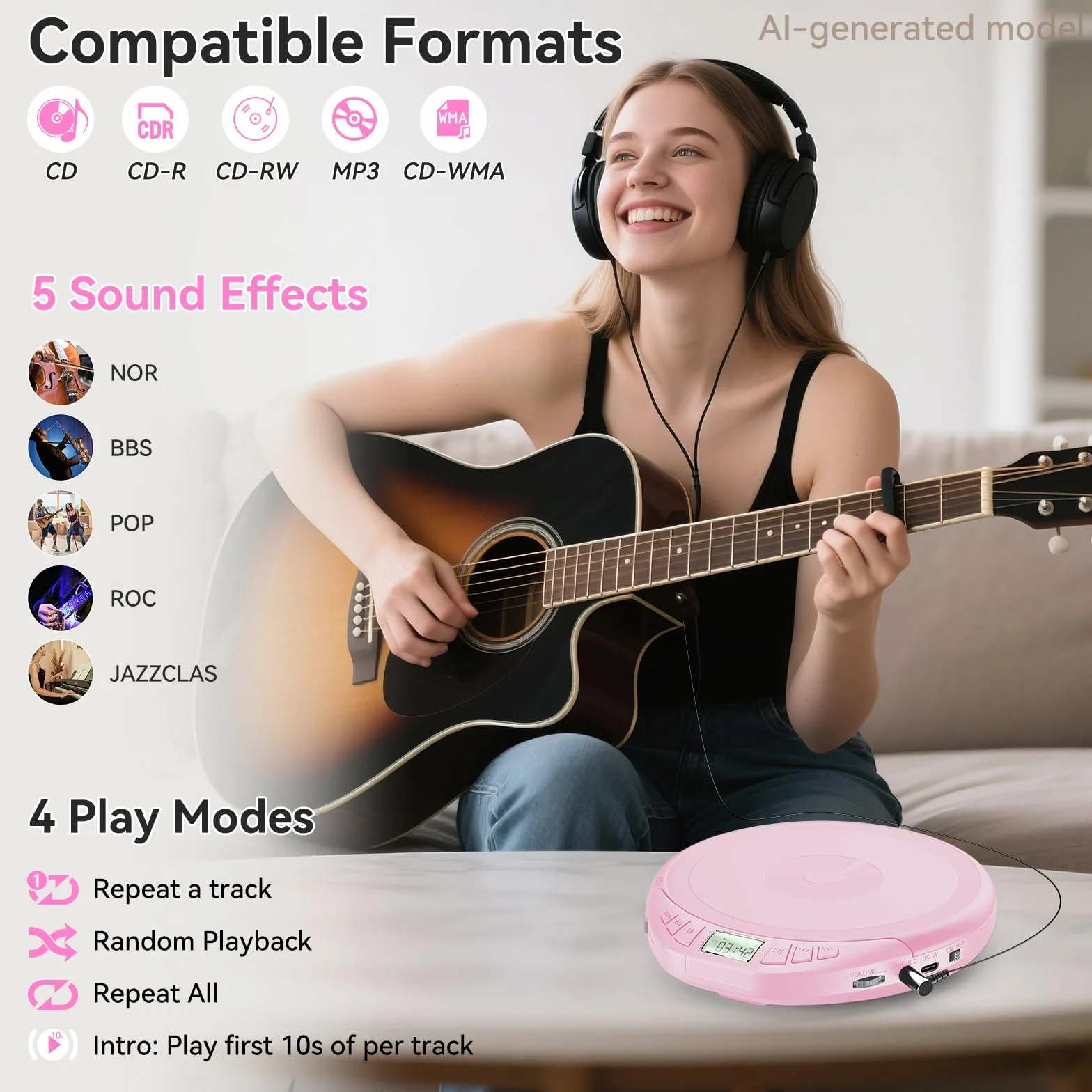 Gueray Lecteur CD Portable avec Casque Écran LCD Protection Anti-Saut Lecture HiFi Rose