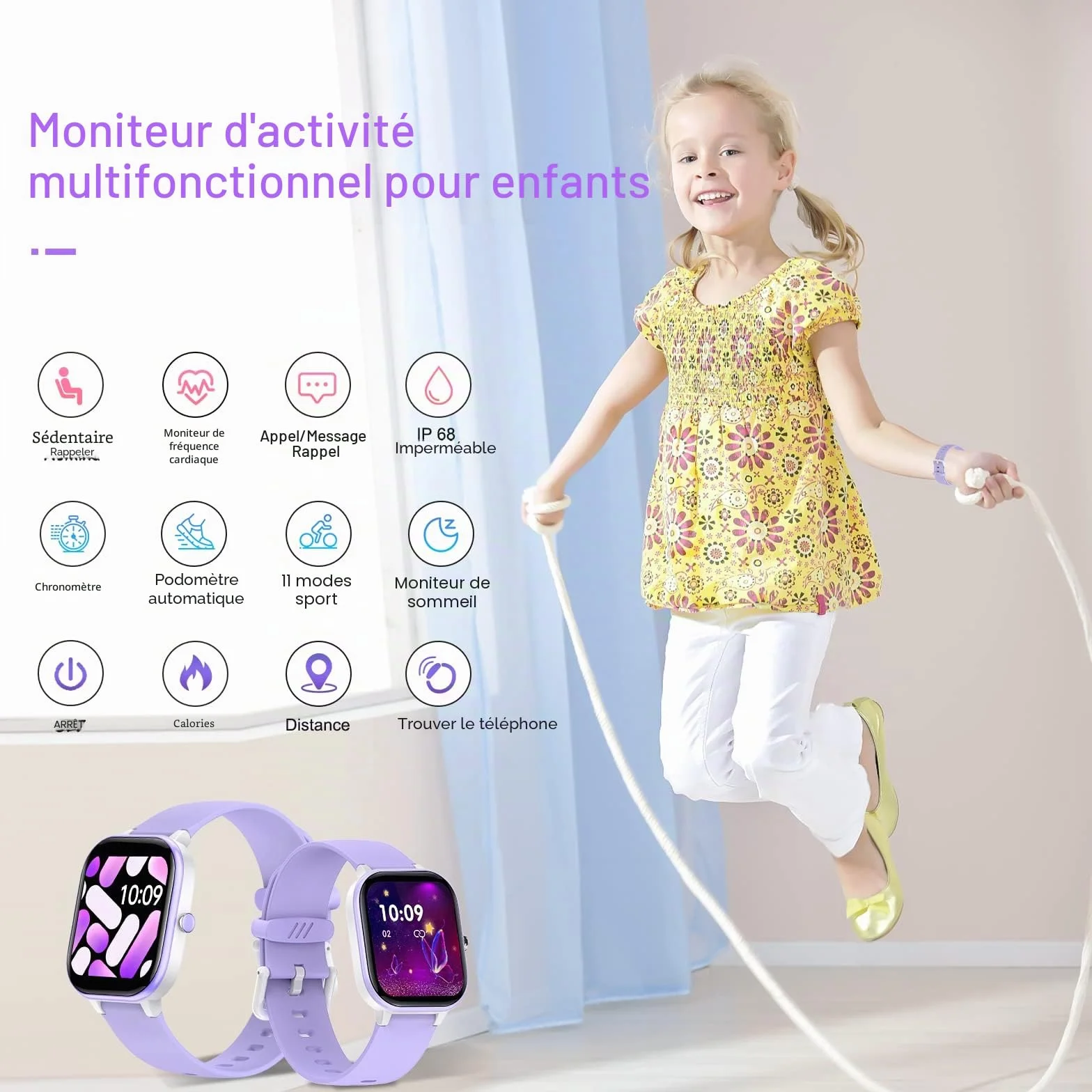 Montre Fitness Enfant IP68 19 Modes Sport Podomètre Moniteur Sommeil Cadeau Filles 6-16 Ans Mauve