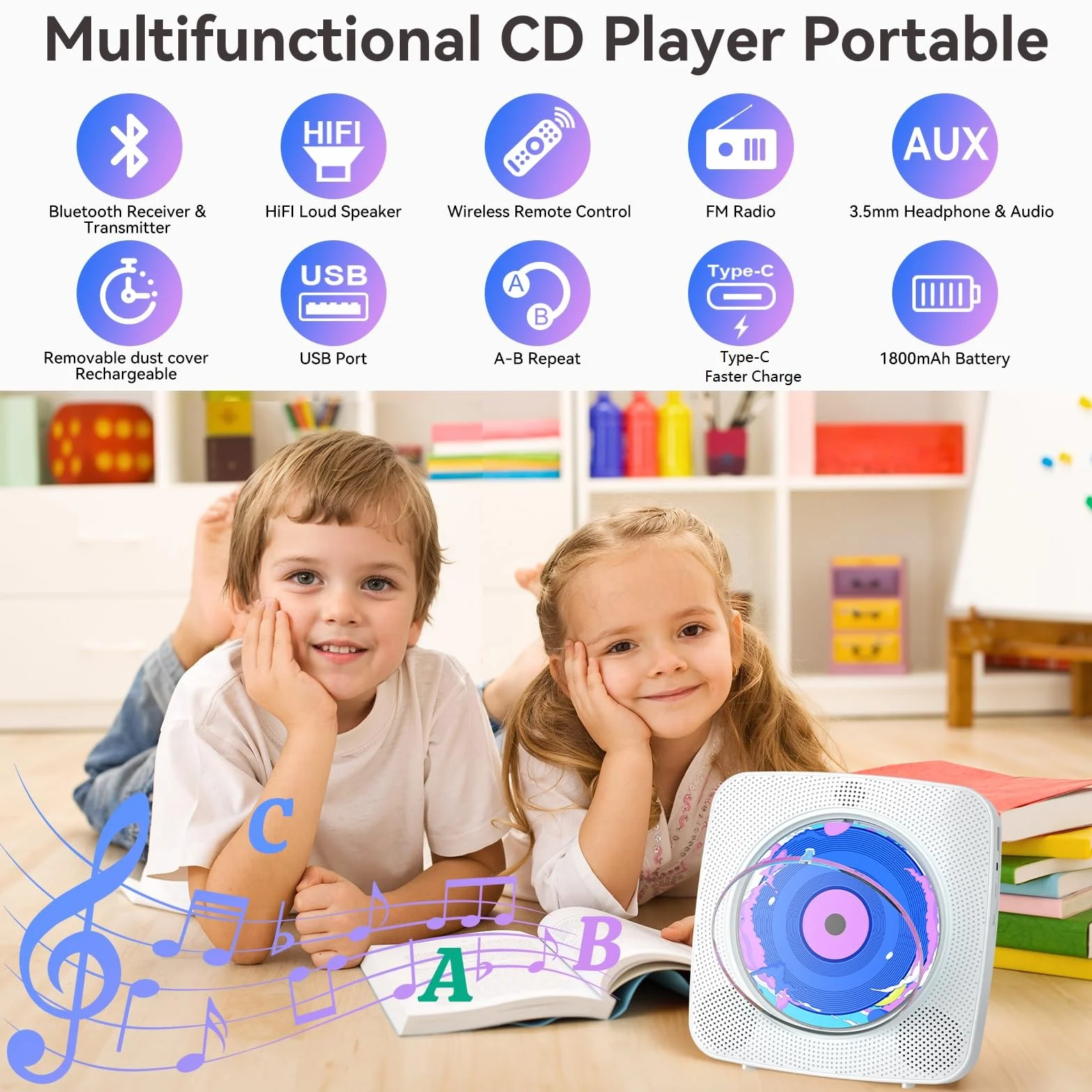 Lecteur CD Portable Bluetooth Kegaudio avec Radio, Télécommande, USB, AUX 3,5 mm Blanc