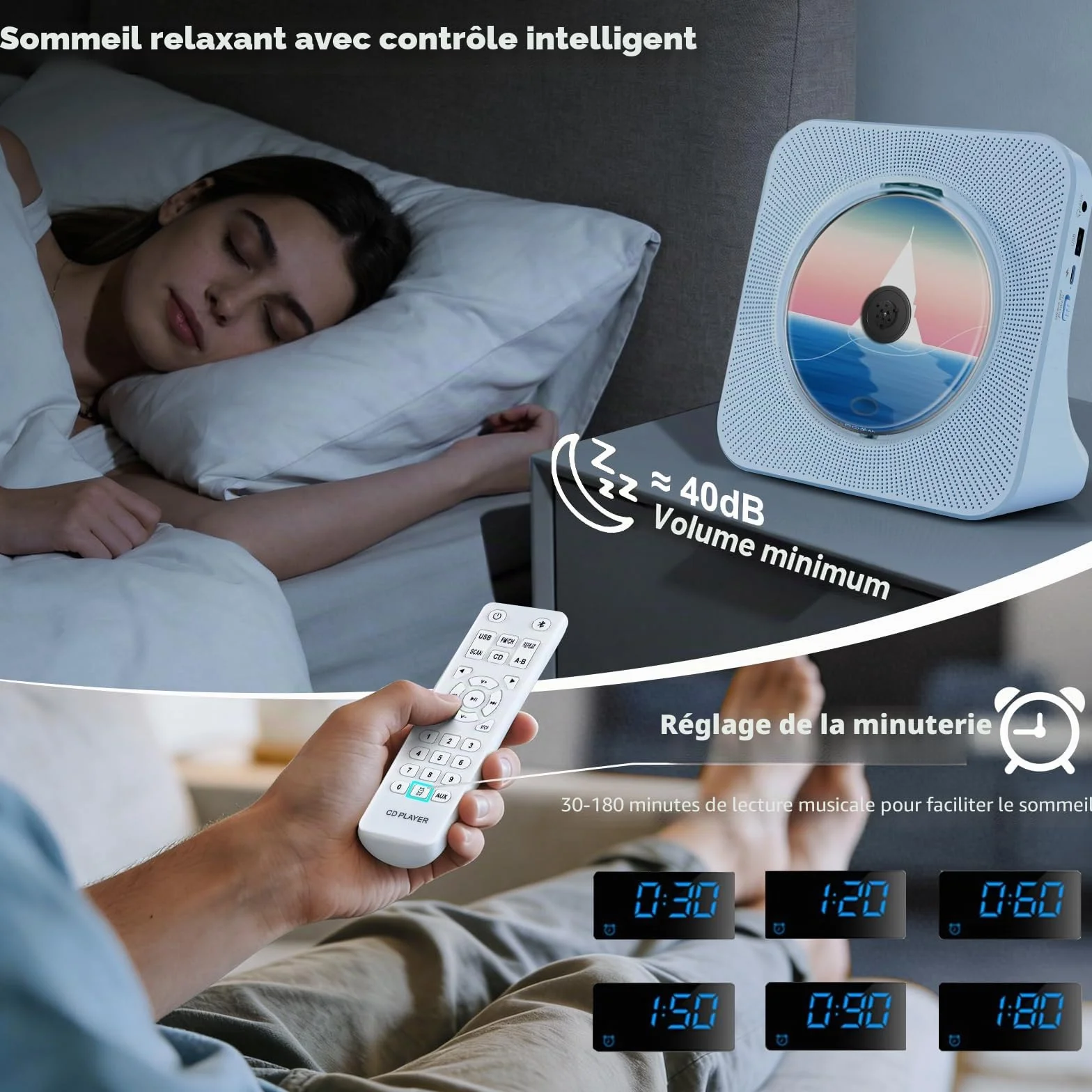 Lecteur CD Portable Enfants Radio Bluetooth Haut-Parleur HiFi USB FM Prise Casque Minuterie Veille Bleu
