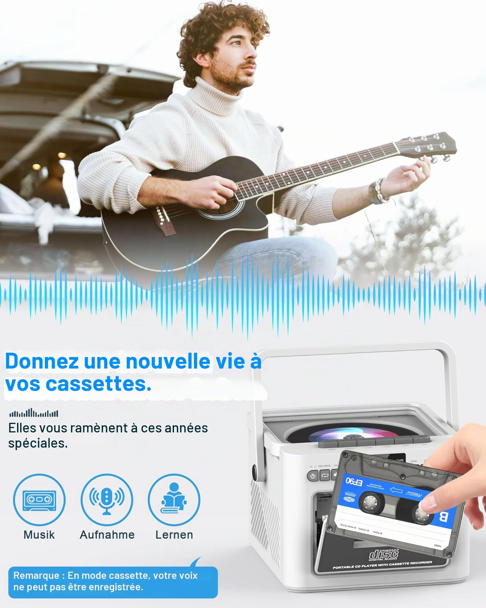 Greadio Lecteur CD Portable Bluetooth Radio FM AUX USB SD Card Batterie Rechargeable 5000mAh Haut-Parleurs 5W écran LED Blanc