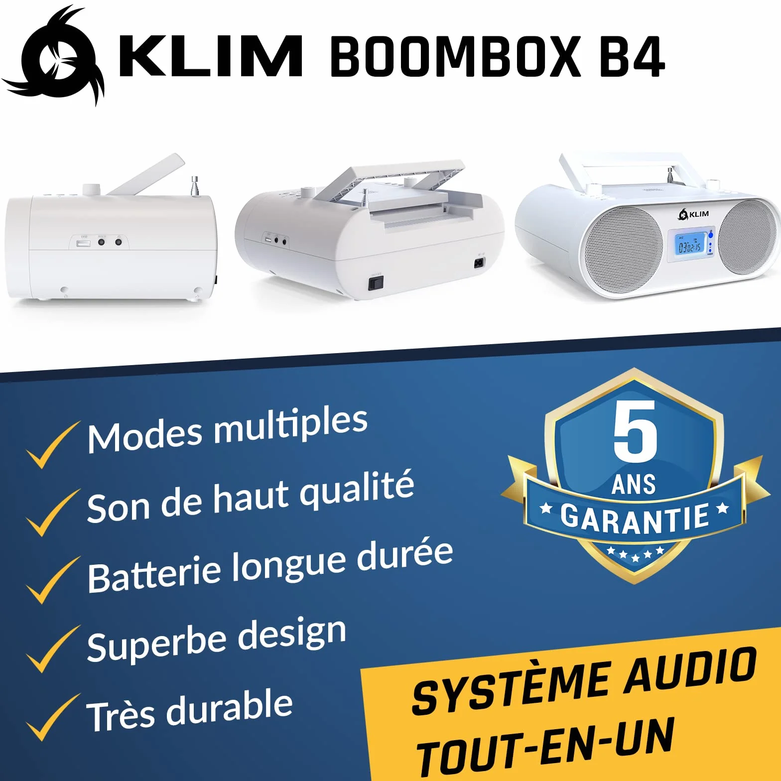 KLIM Boombox B4 Radio CD Portable AM/FM Bluetooth USB MP3 Filaire sans Fil Piles Rechargeables Télécommande Blanc