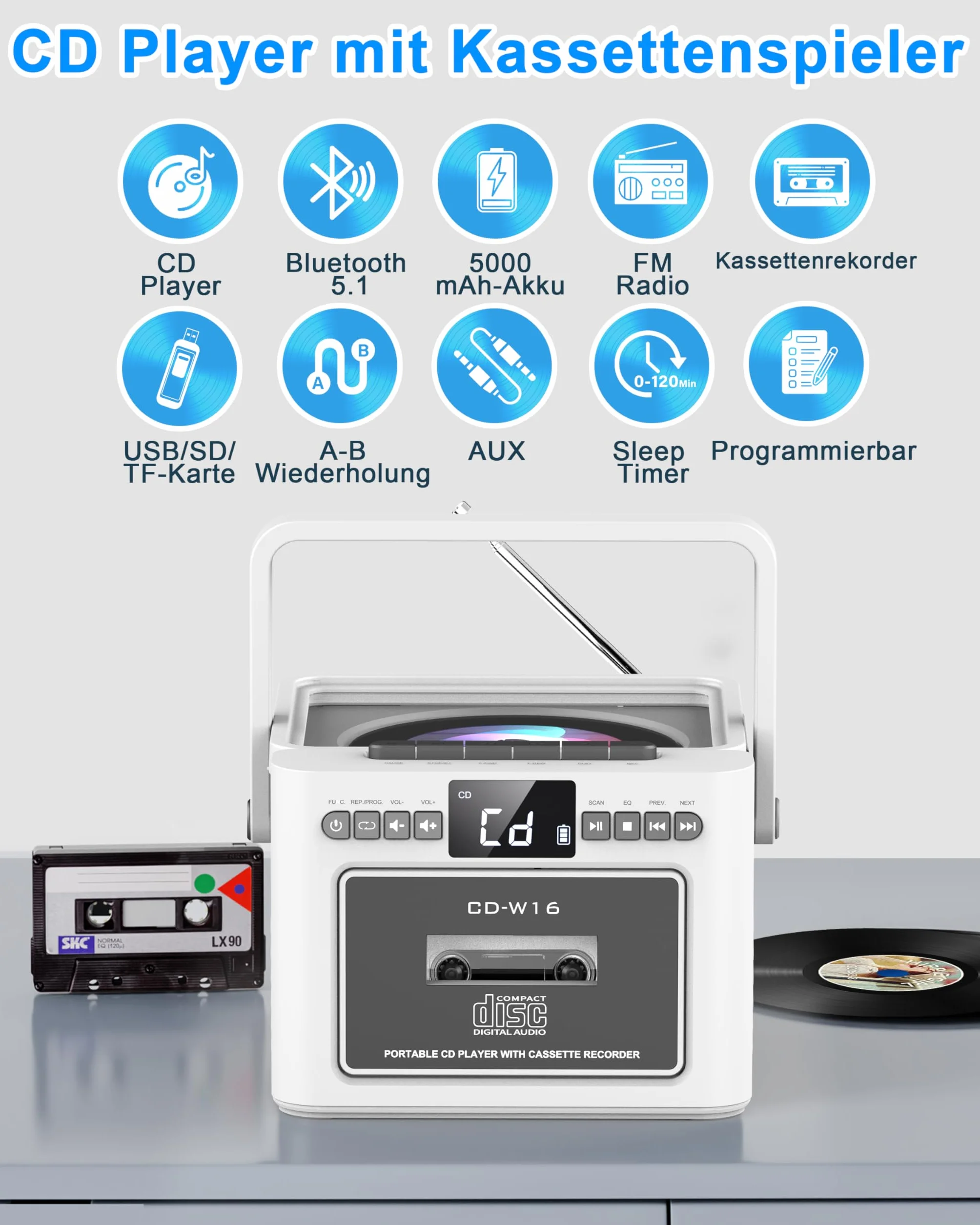 Greadio Lecteur CD Portable Bluetooth Radio FM AUX USB SD Card Batterie Rechargeable 5000mAh Haut-Parleurs 5W écran LED Blanc