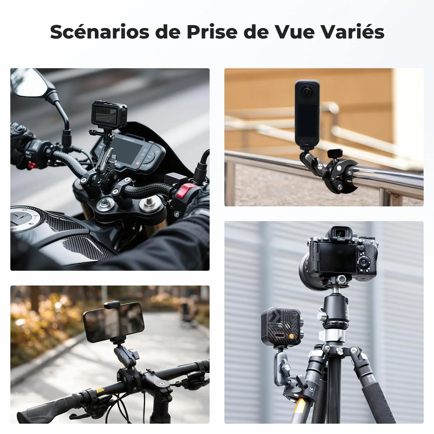 K&F CONCEPT Support Super Pinces pour Caméra Double Tête à Sphère 360° Compatible GoPro Hero 13/12 Insta360 X5/X4 Osmo Action 5 Pocket 3