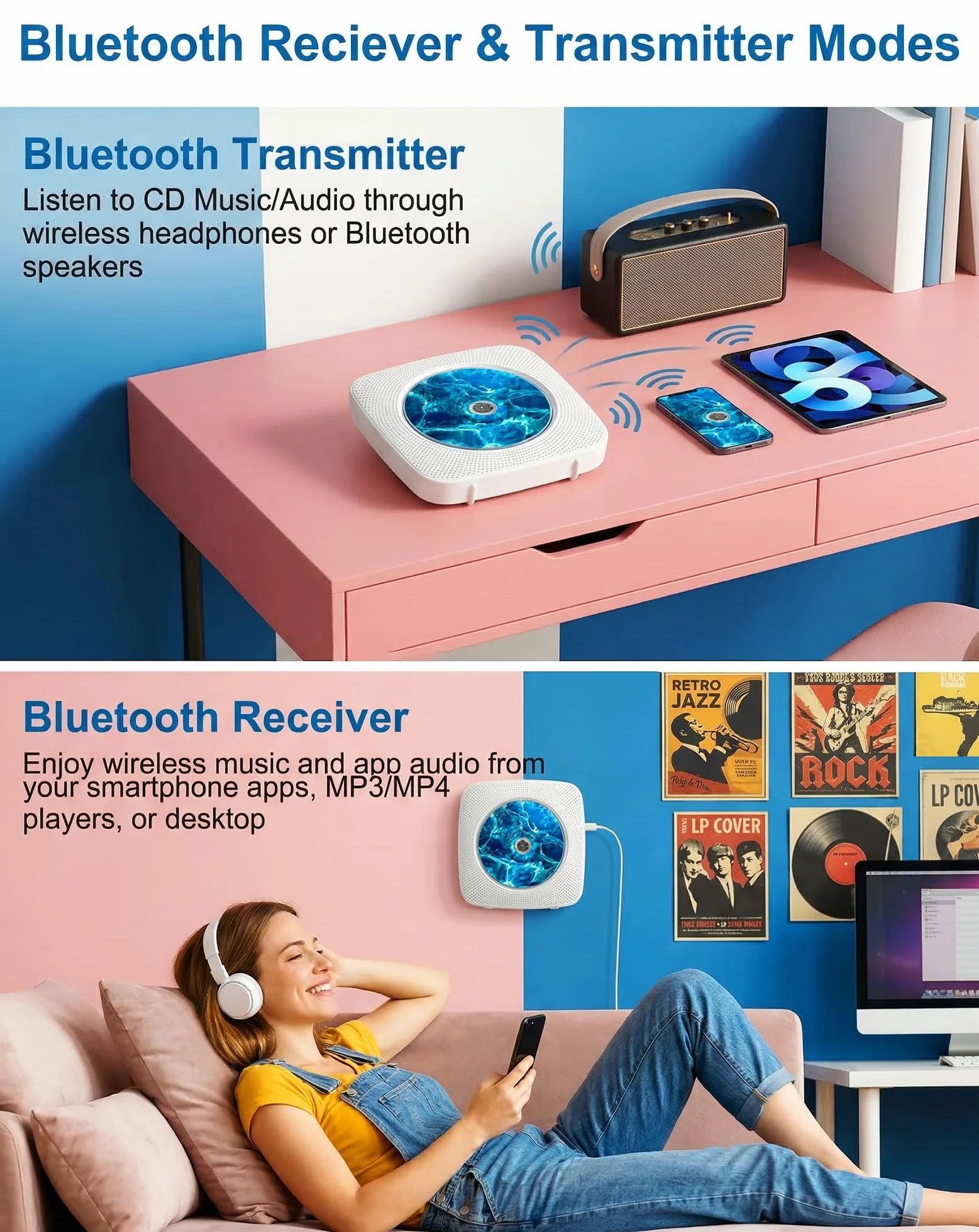 Lecteur CD Portable Bluetooth Radio Haut-Parleur Intégré USB AUX Télécommande Blanc