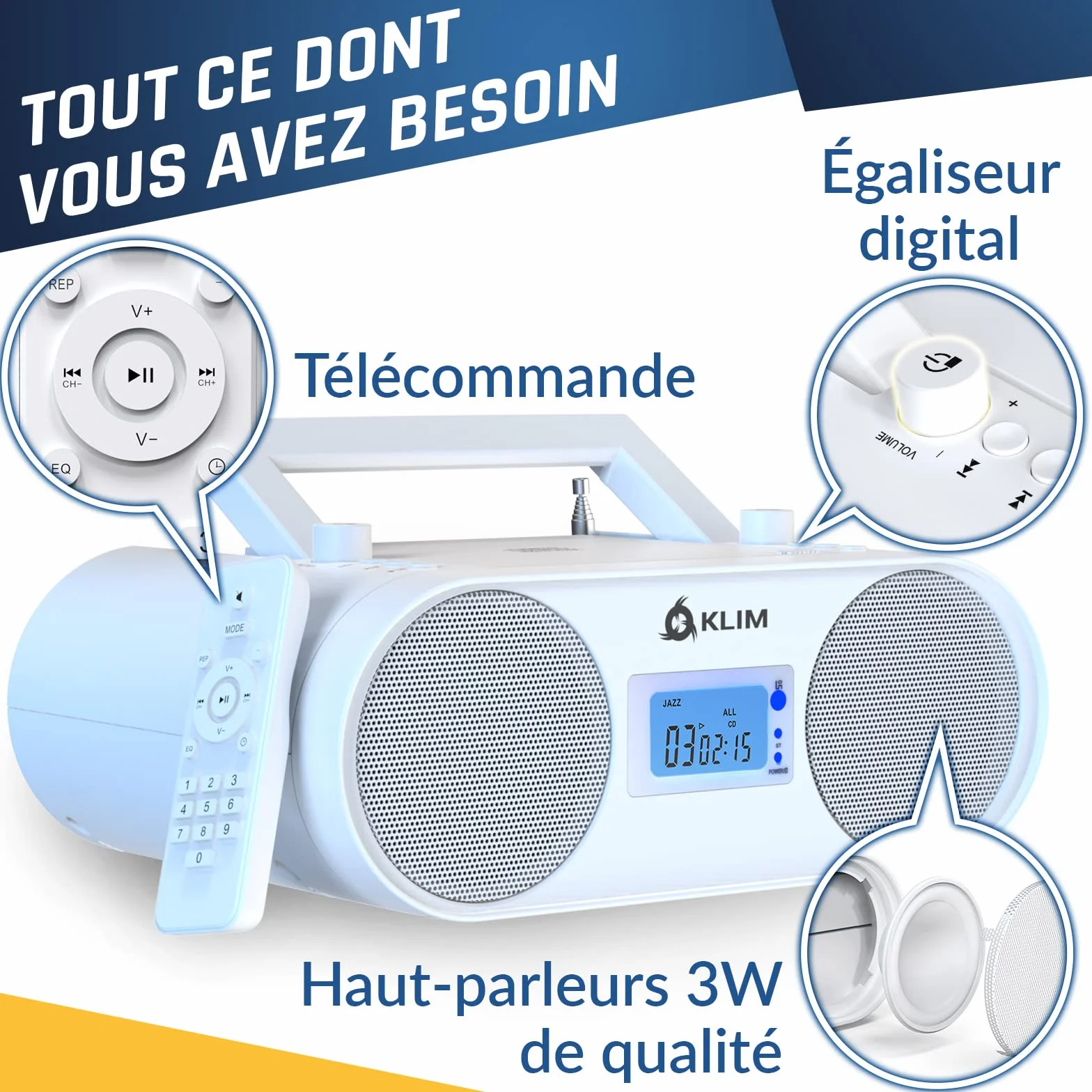 KLIM Boombox B4 Radio CD Portable AM/FM Bluetooth USB MP3 Filaire sans Fil Piles Rechargeables Télécommande Blanc