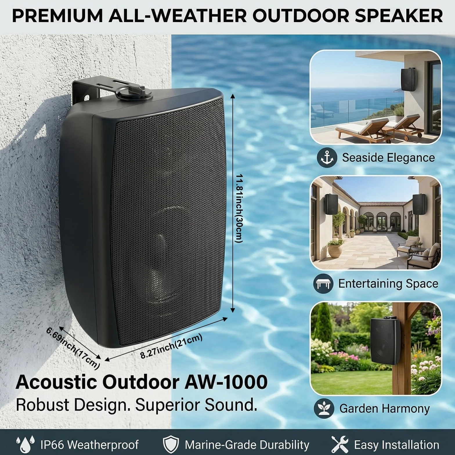 Herdio 6.5 Pouces Enceinte Bluetooth Exterieure Etanche 400W 2 Voies Paire Noir