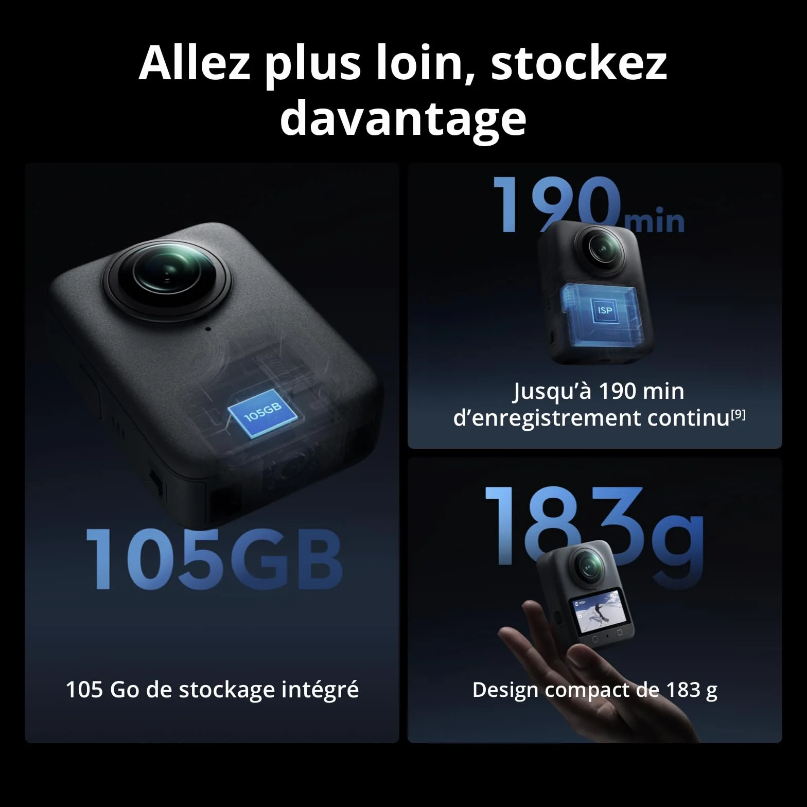 DJI Osmo 360 Bundle Essentiel, Caméra 360° 1 Pouce 8K Native, Perche Selfie Invisible 1,2m, 2 Batteries