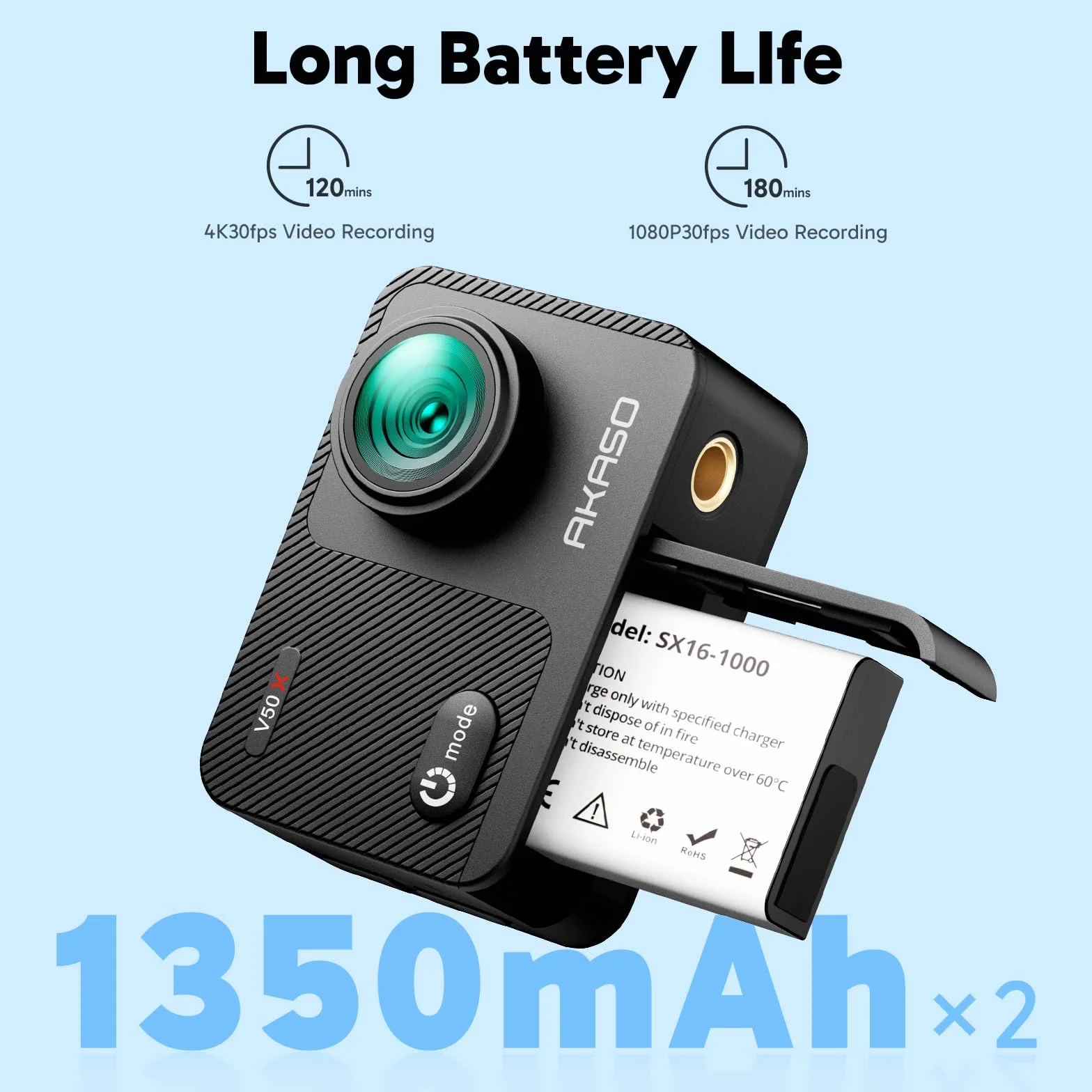 AKASO V50X Caméra Sport 4K Etanche WiFi Action Cam Ultra HD 30fps 131 Pieds sous Marine 2 Batteries Kit Accessoires