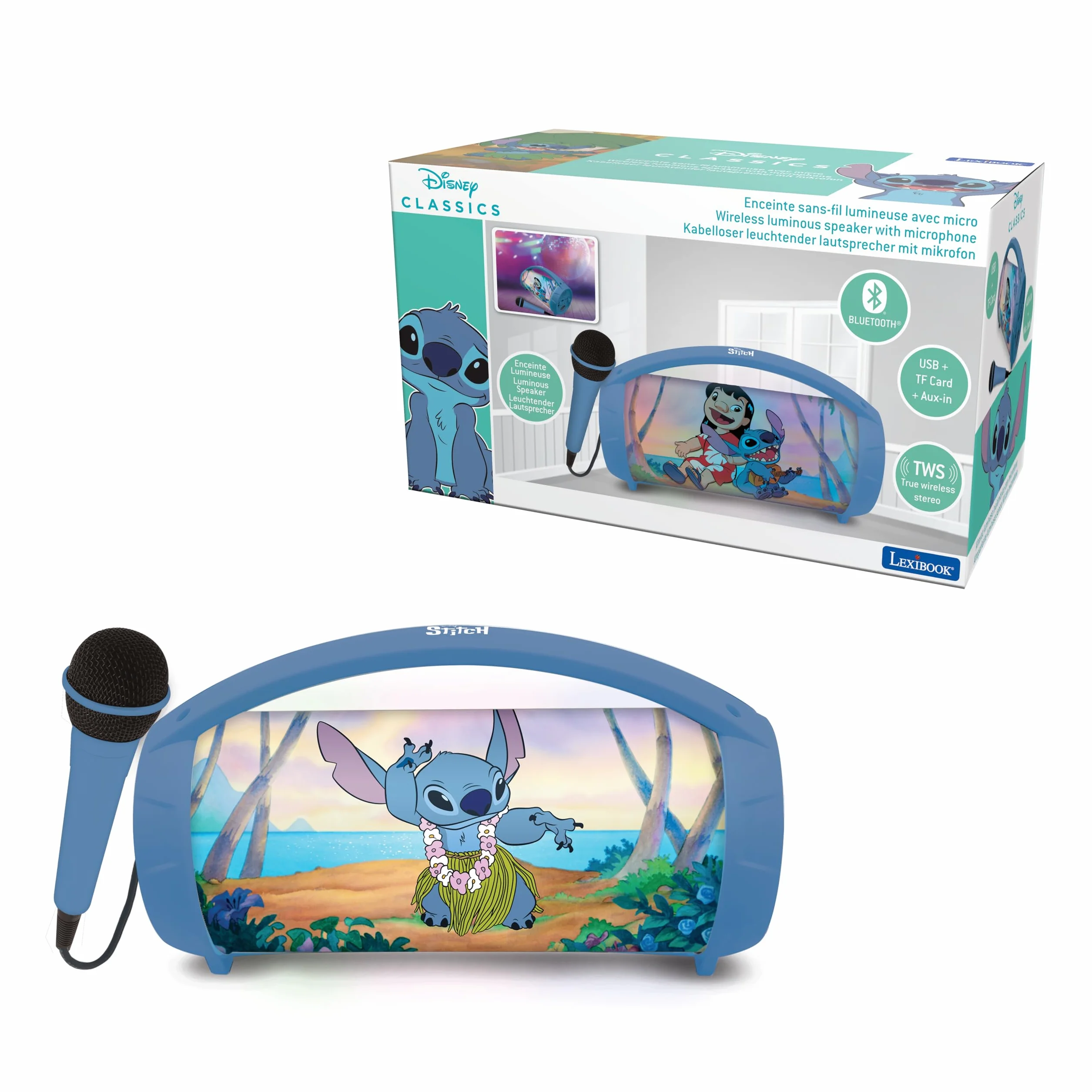 Lexibook Disney Stitch Enceinte Haut-Parleur sans Fil Lumineuse avec Micro, Son stéréo, Fonction karaoké, Ports USB et Carte SD, Batterie Rechargeable, Bleu BTP585DZ