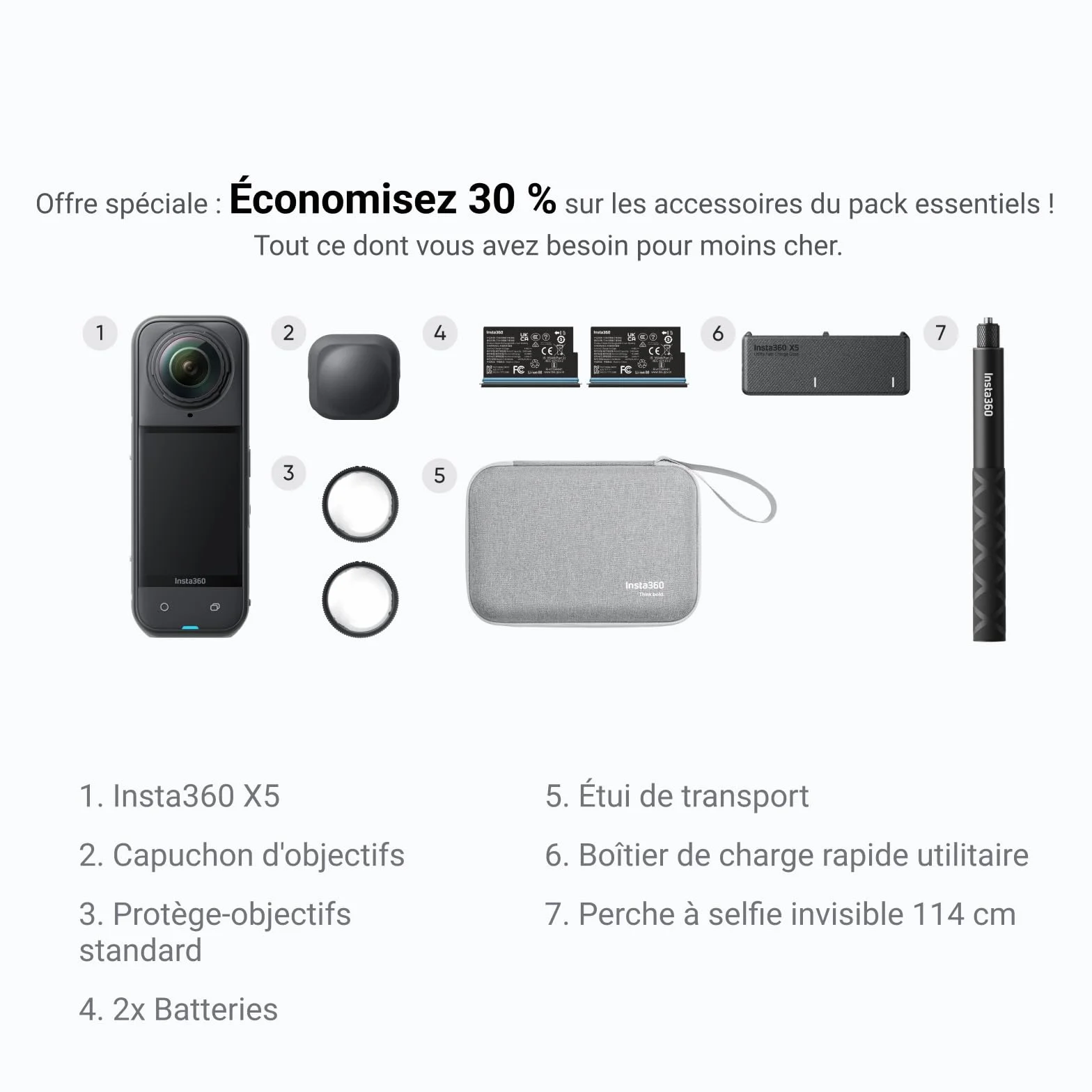 Insta360 X5 Pack Essentiels - Caméra 360 8K, Perche à Selfie Invisible, Appareil Photo vidéo étanche, pour vlog, Moto