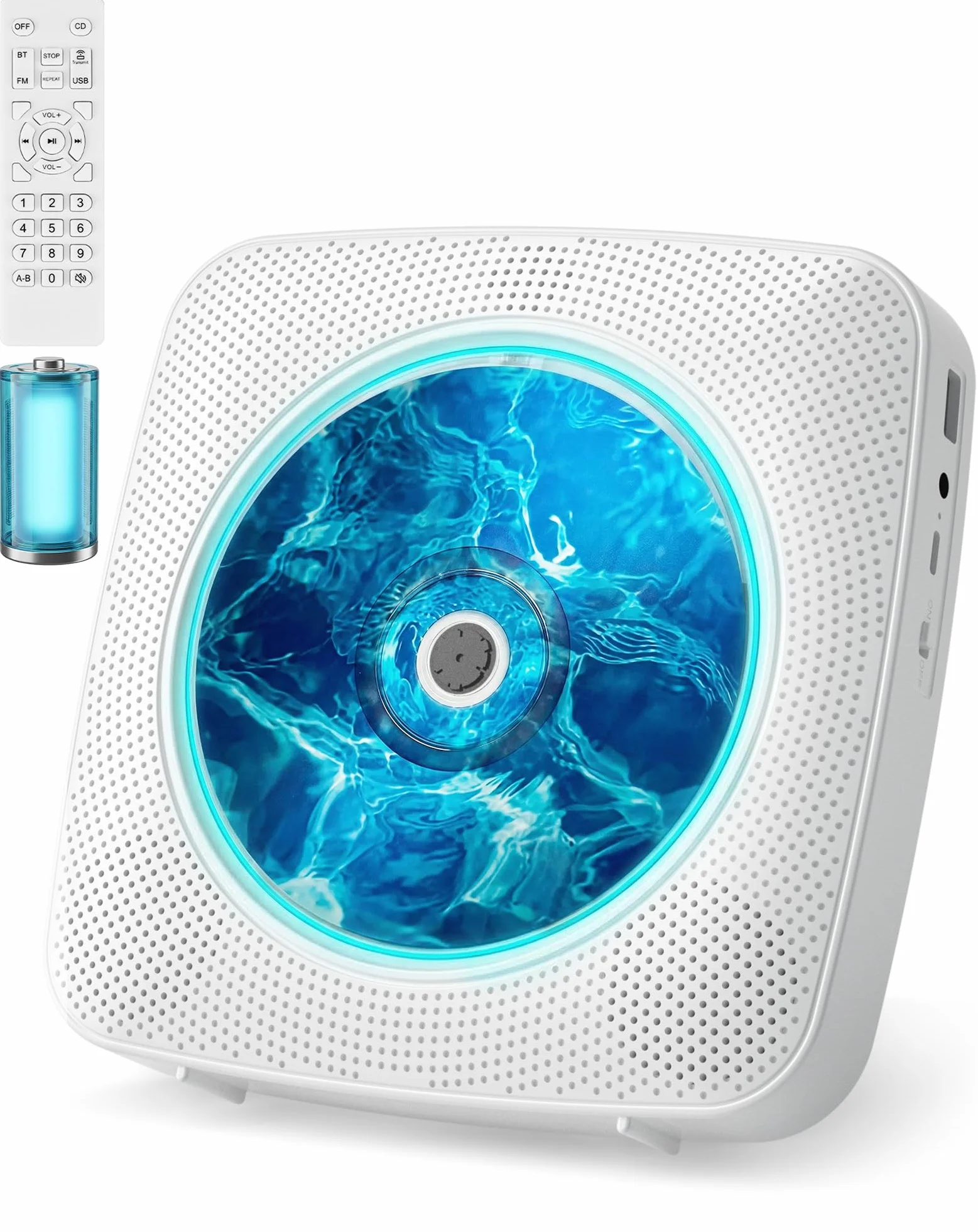 Lecteur CD Portable Bluetooth Radio Haut-Parleur Intégré USB AUX Télécommande Blanc