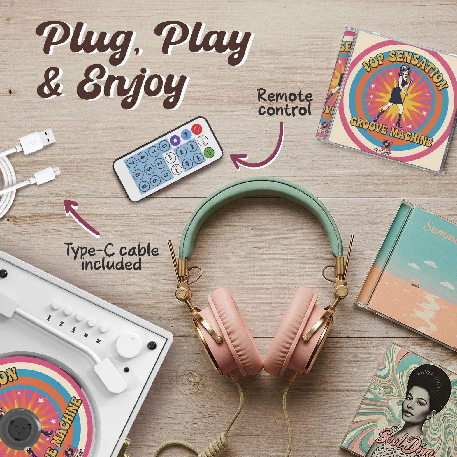 KLIM Retro CD Player Lecteur CD Vintage Bluetooth AUX USB Batterie Rechargeable Design Platine Vinyle Blanc