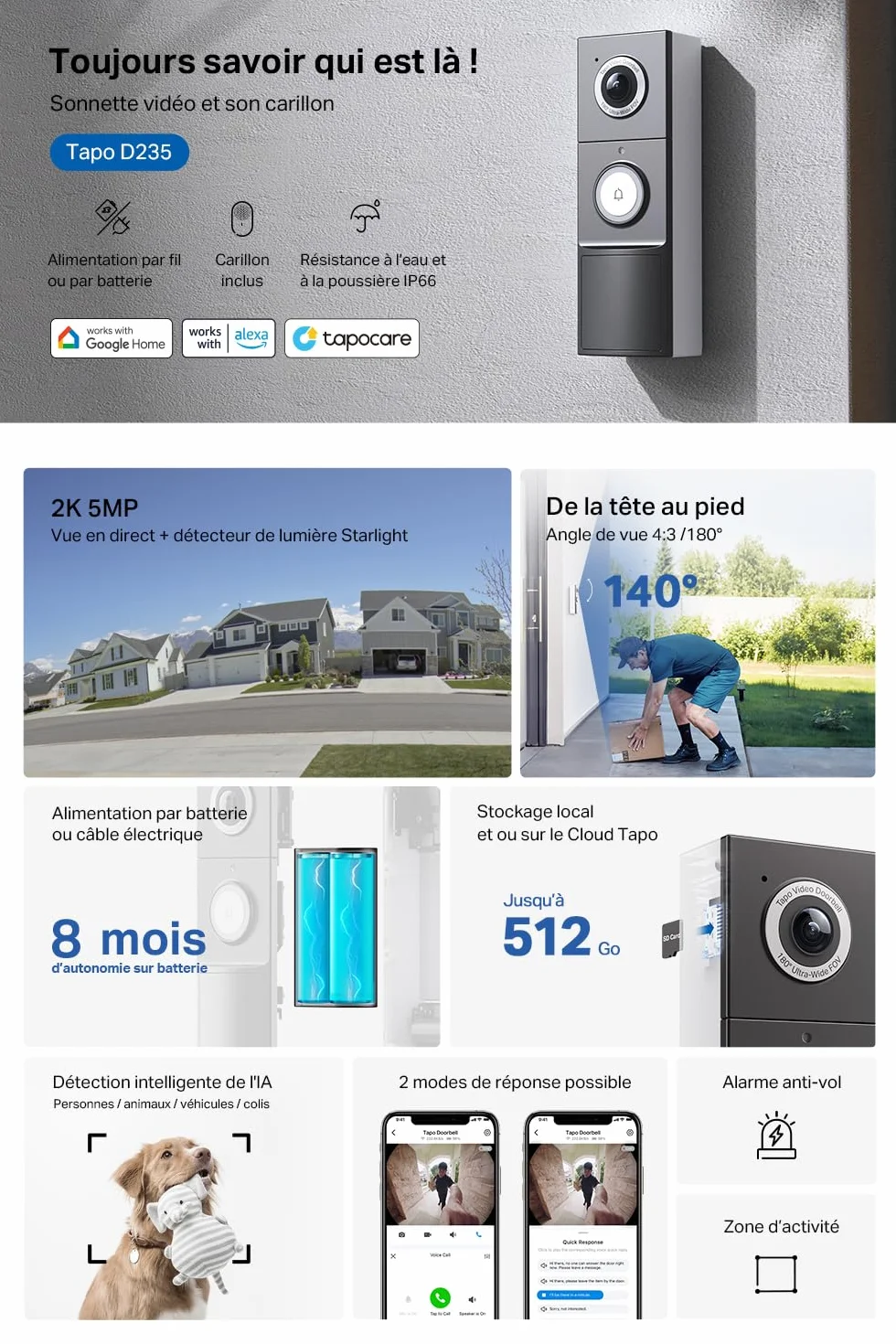 Tapo D235 Sonnette sans Fil avec Caméra 2K+ 5MP IP66 Étanche 180° Vision Ultra-Large Vision Nocturne Couleur Audio Bidirectionnel Détection AI