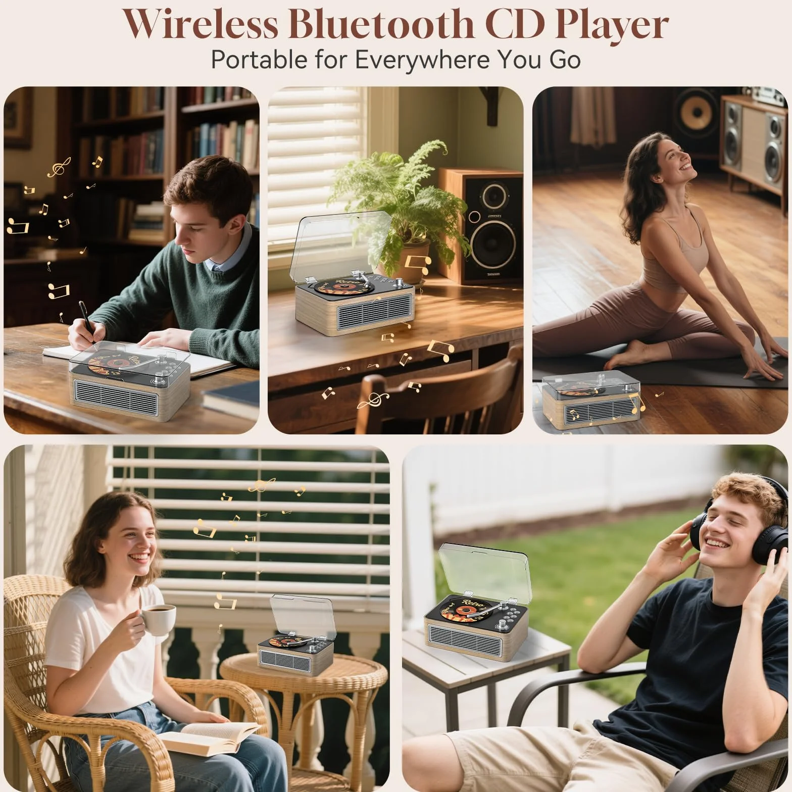 Lecteur CD Portable Bluetooth Rétro avec Batterie 3600 mAh Radio Télécommande Chêne