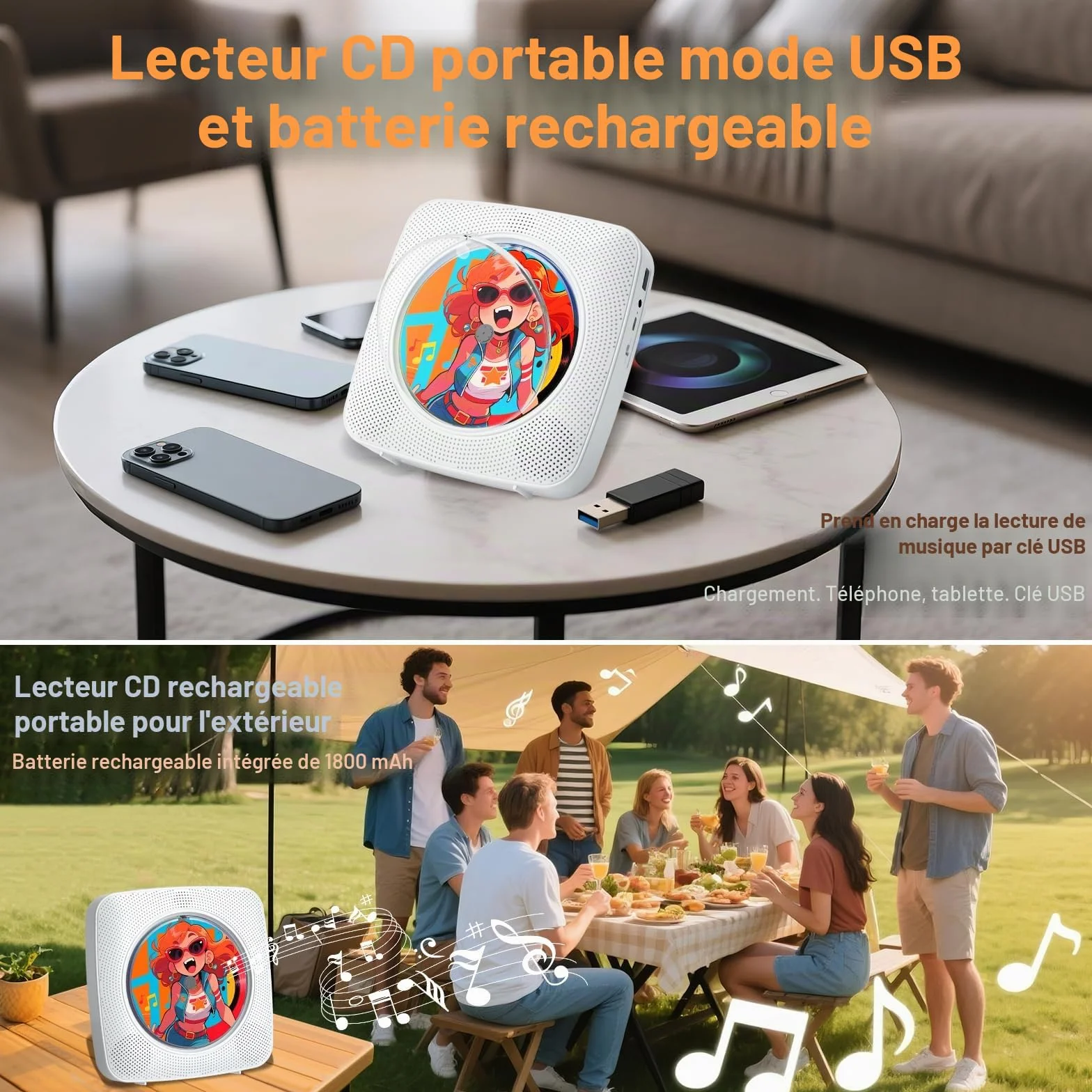 Gueray Lecteur CD Portable Bluetooth 1800 mAh Radio USB AUX Blanc