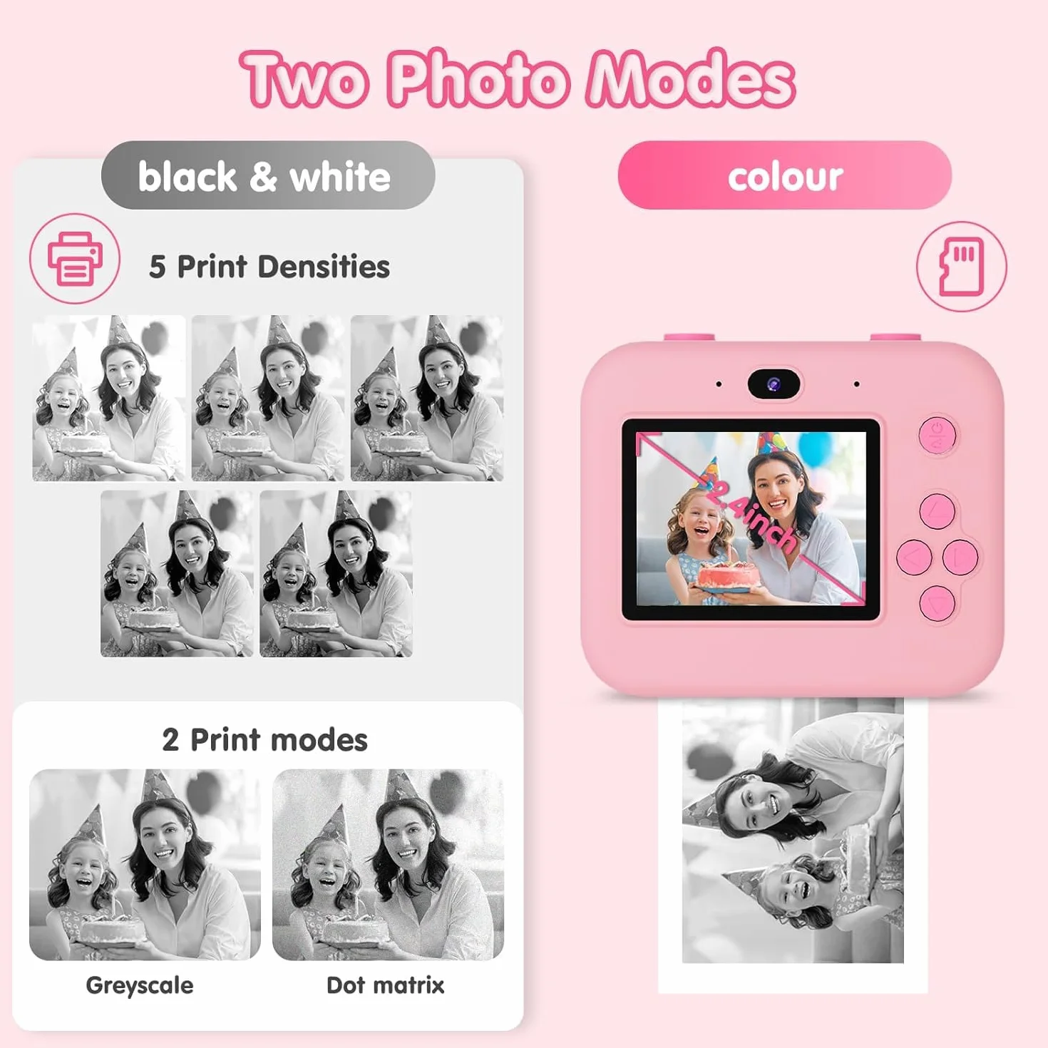 ASTGMI Appareil Photo Instantané Enfant 2.4" Écran avec Papier d'impression et Carte 32GB, Mode Selfie et Video, Cadeau Jouet pour Garçons Filles 3-14 Ans Rose