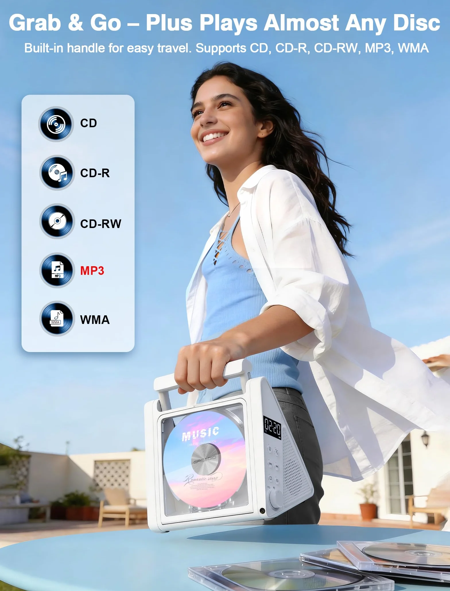 Greadio Lecteur CD portable Bluetooth 5.3 10 W HiFi radio FM USB AUX télécommande RVB 4000 mAh
