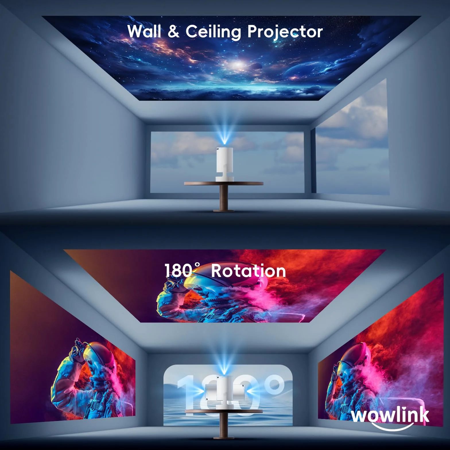 Vidéoprojecteur WiFi 6 Bluetooth 5.4 Mini Projecteur 4K 1080P Auto Keystone Rotation 180° HDMI TV Stick Laptop Blanc