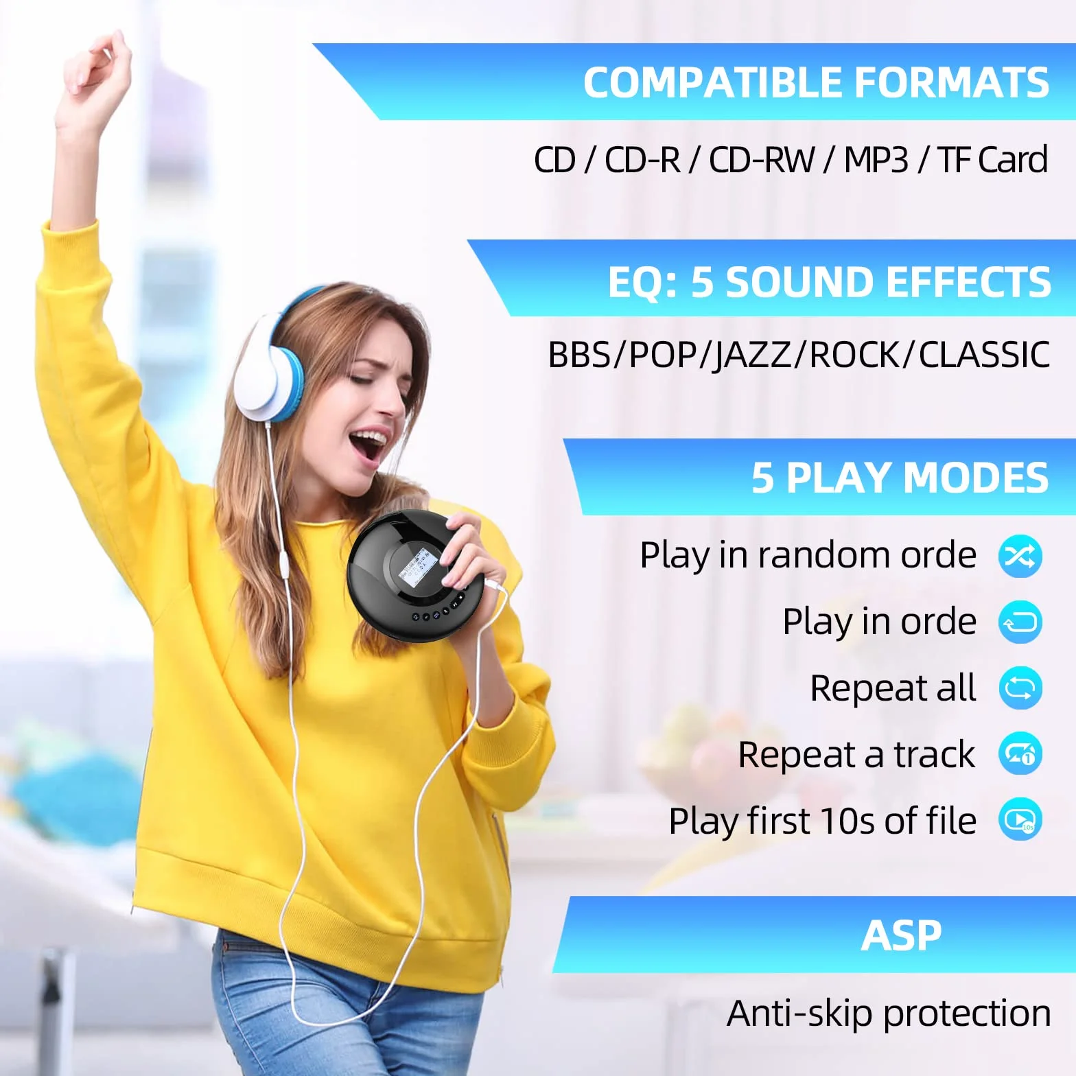 Lecteur CD Portable Bluetooth Rechargeable 2000 mAh avec écran LCD Protection Antichoc FM