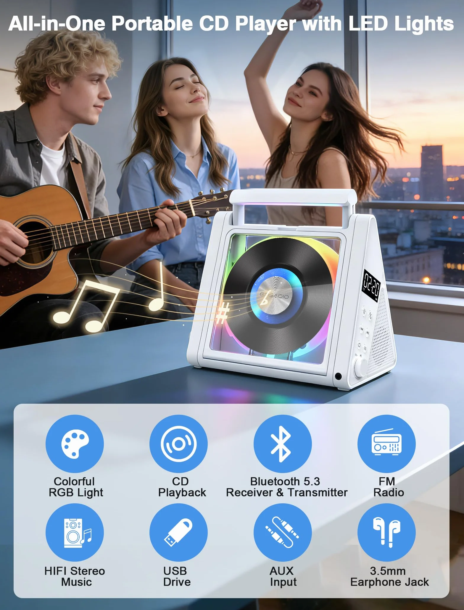 Greadio Lecteur CD portable Bluetooth 5.3 10 W HiFi radio FM USB AUX télécommande RVB 4000 mAh