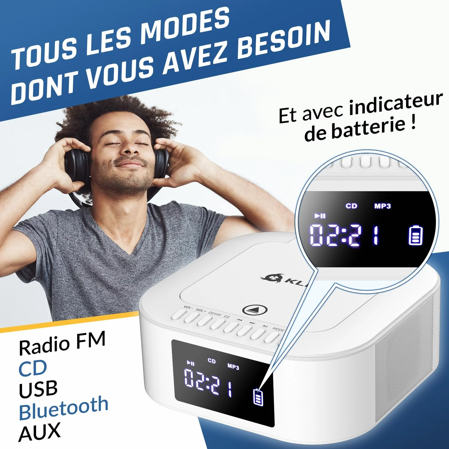 KLIM Boombox E1 Radio CD Portable Extra Bass Subwoofer FM Bluetooth USB MP3 Filaire sans Fil Piles Rechargeables Télécommande Blanc