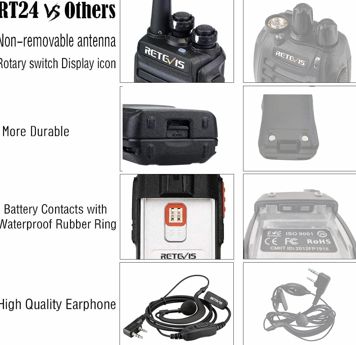 Retevis RT24 Plus Talkie Walkie Professionnel PMR446 16 Canaux CTCSS/DCS Longue Portée Noir 4 Pcs