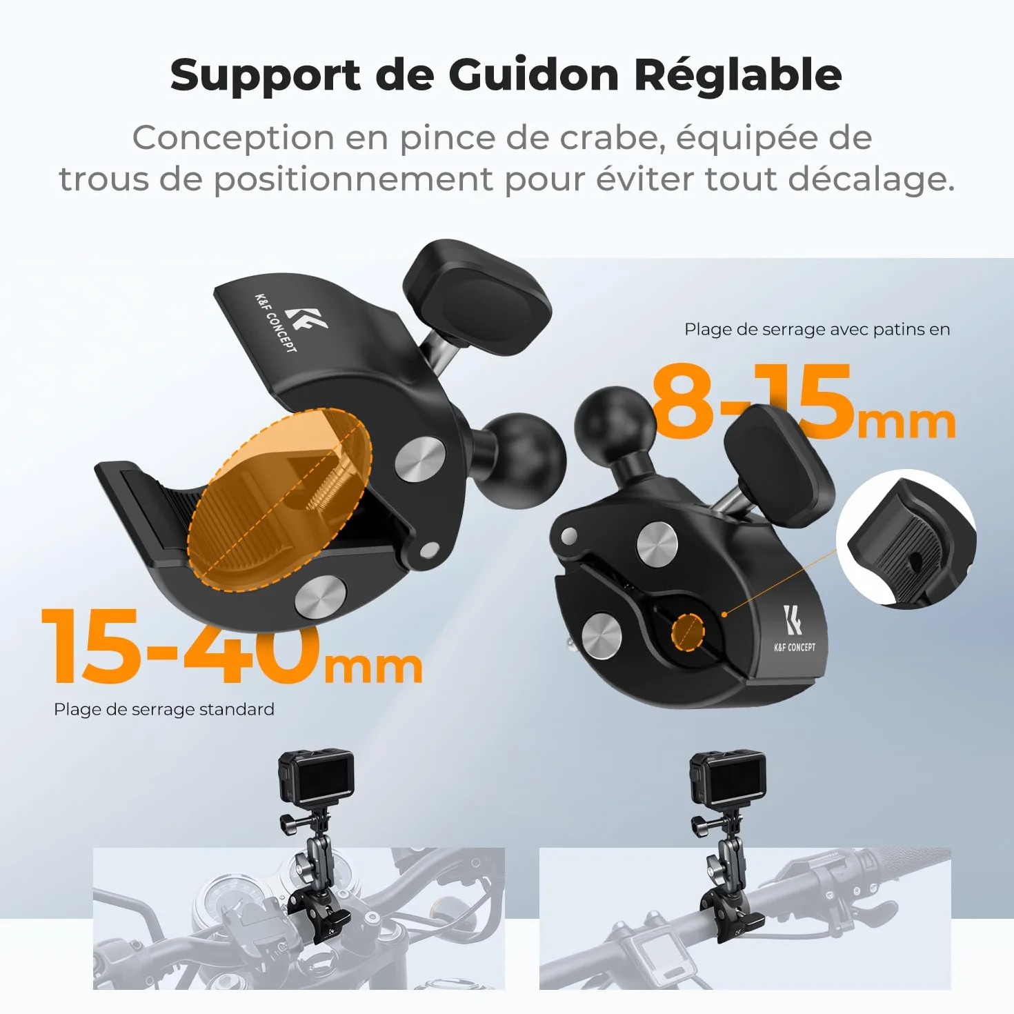 K&F CONCEPT Support Super Pinces pour Caméra Double Tête à Sphère 360° Compatible GoPro Hero 13/12 Insta360 X5/X4 Osmo Action 5 Pocket 3