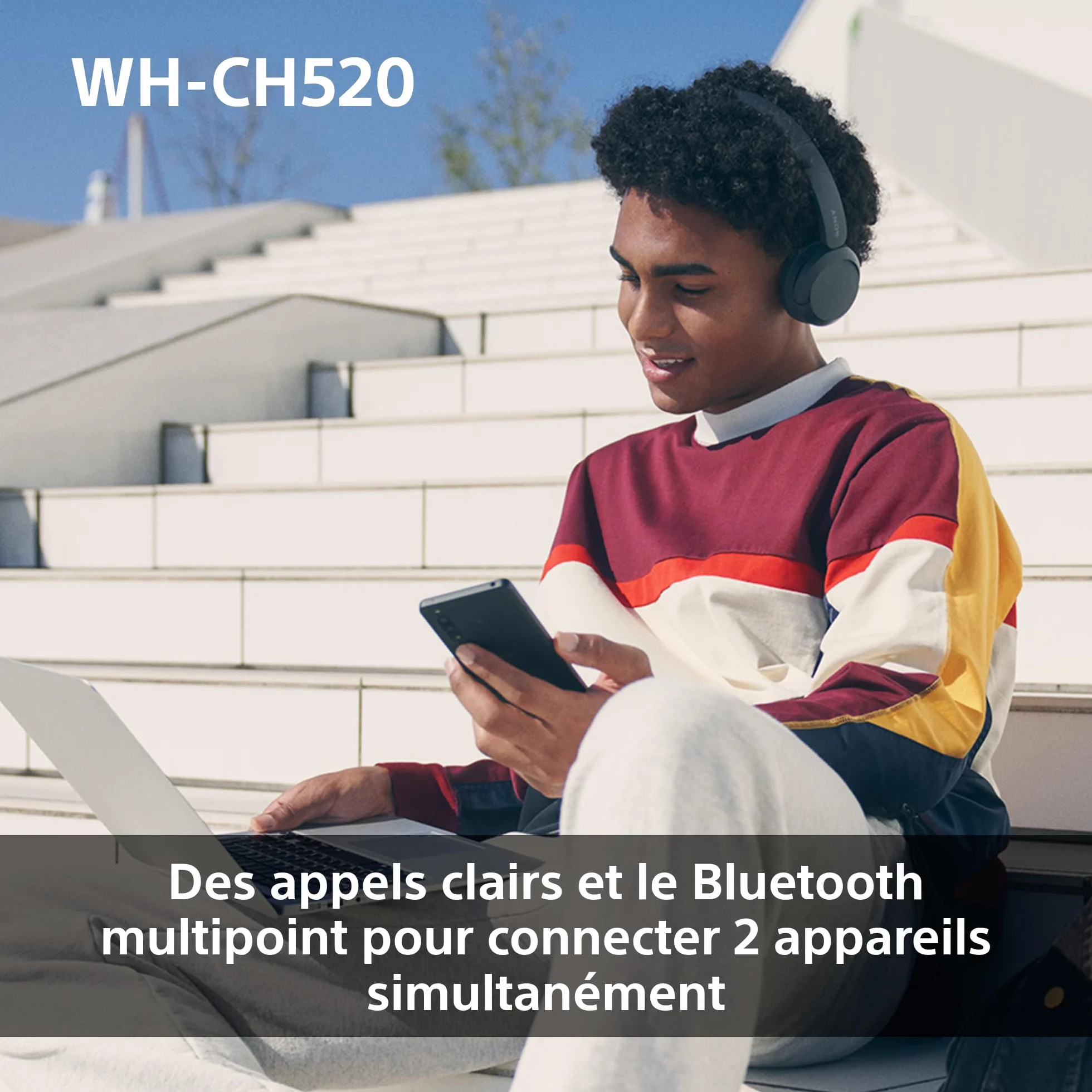Casque Bluetooth sans Fil Sony WH-CH520, Multipoint, Micro intégré, 50 Heures Autonomie, Charge Rapide, Noir