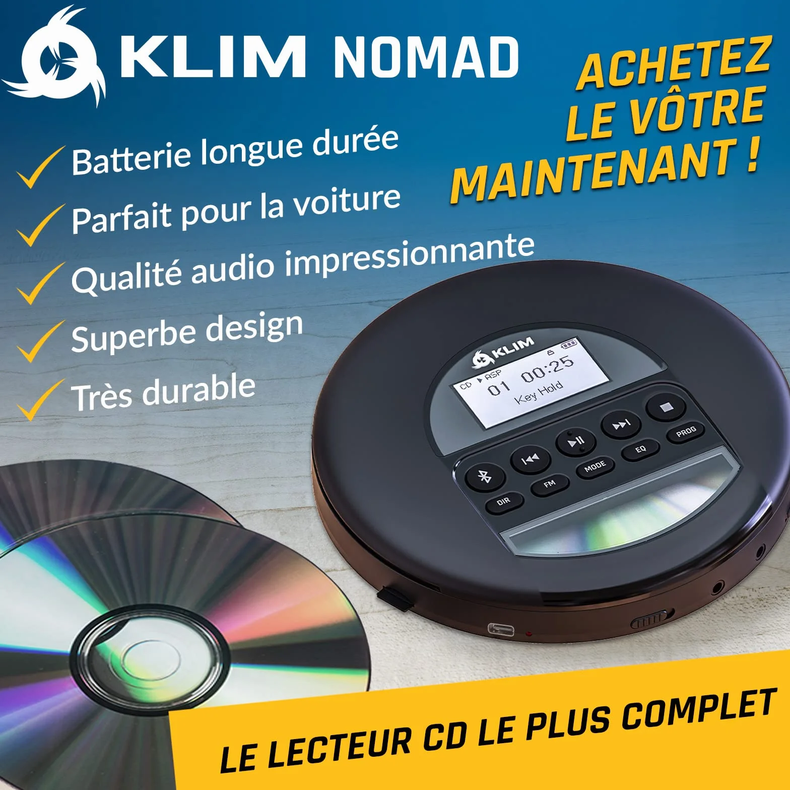 KLIM Nomad Lecteur CD Portable Bluetooth avec Batterie Intégrée Longue Durée - Compatible CD-R, CD-RW, MP3 - Noir