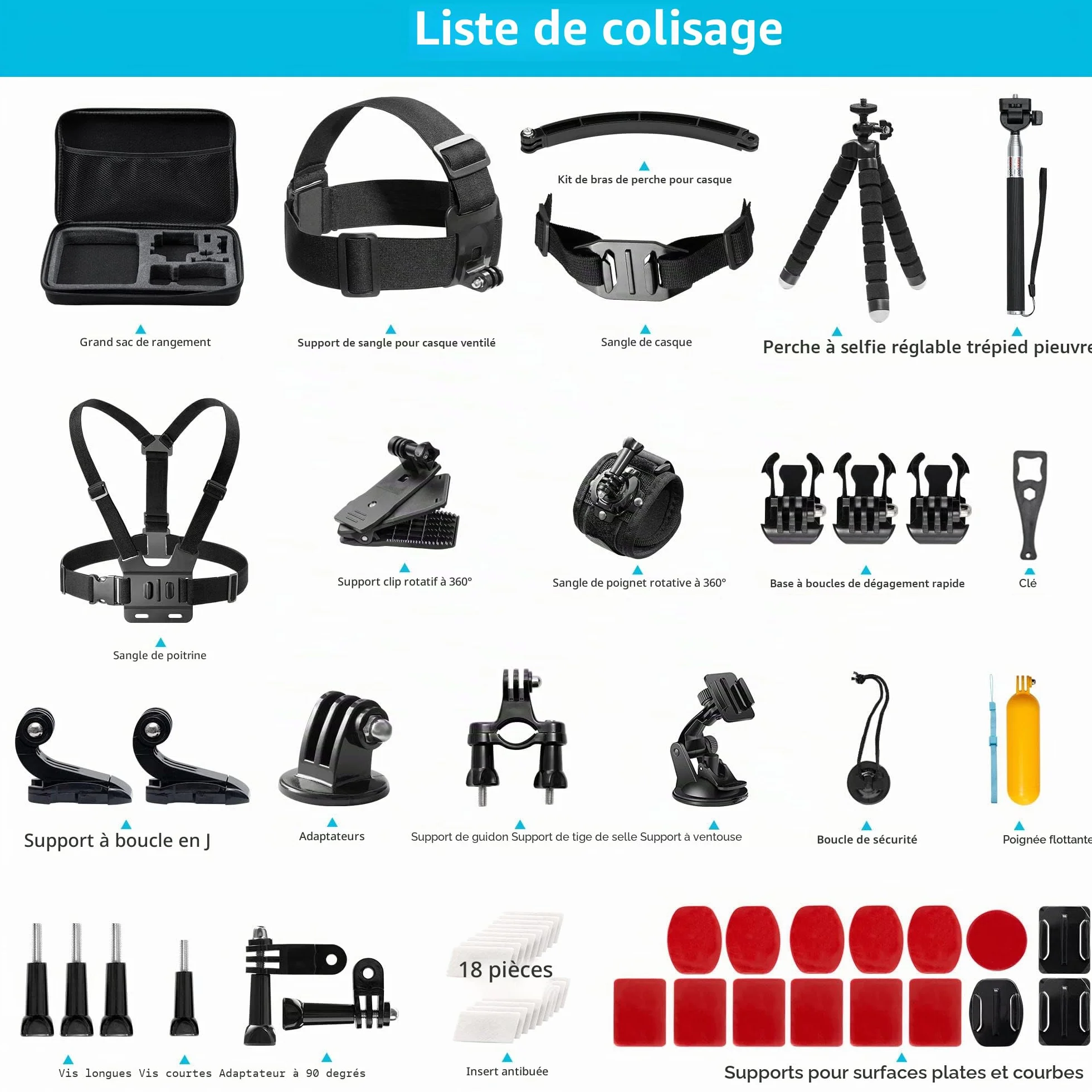 AKASO Kit d'accessoires pour caméra d'action 60 en 1 avec Sac de Collecte Compatible EK7000 EK7000 Pro Brave 4 Brave 7 Le Brave 7 V50X V50 Pro V50 Elite GoPro Hero 11 10 9 8 7 DJI Apexcam